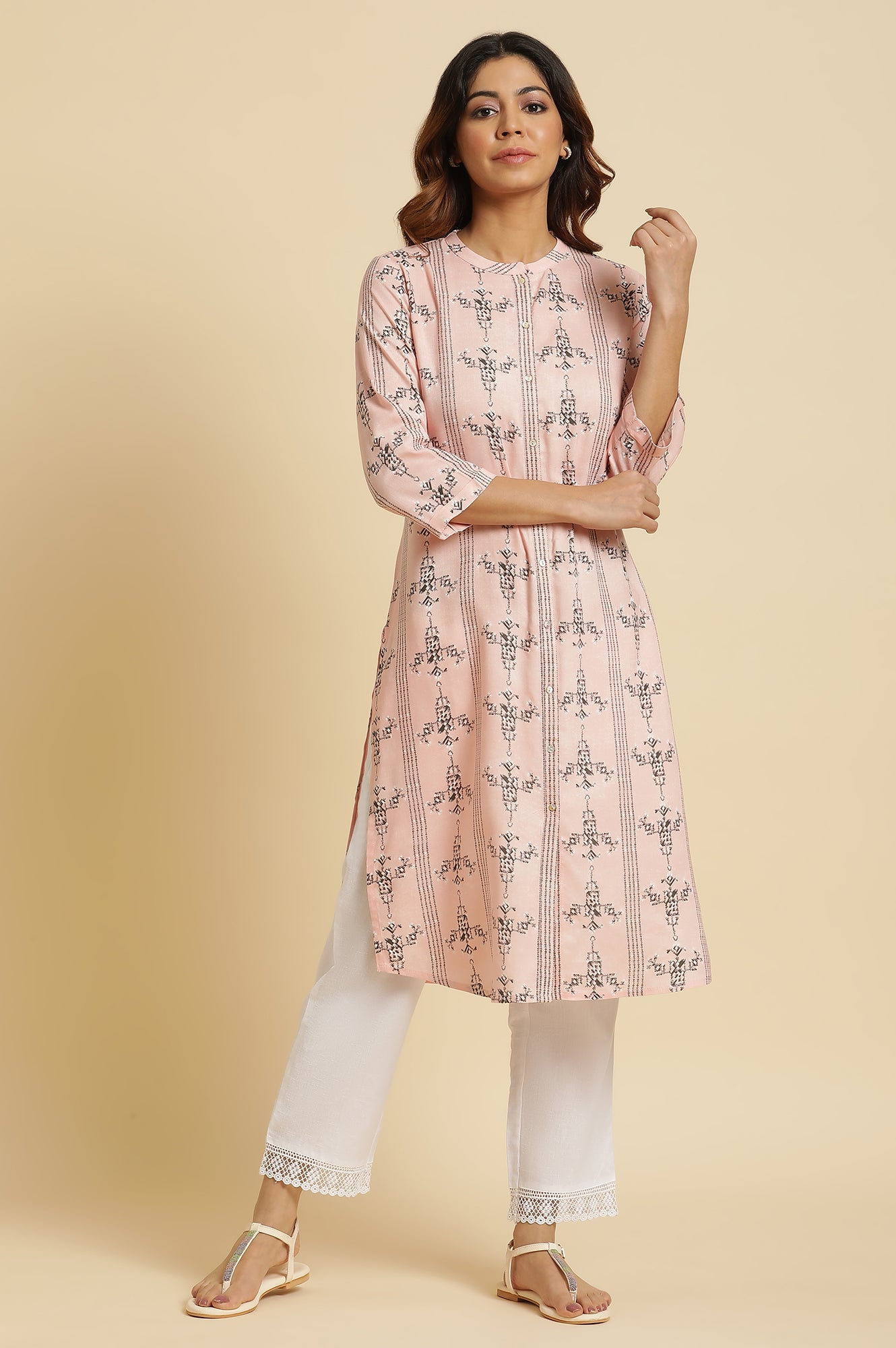 Pink Geometric Straight Rayon Kurta