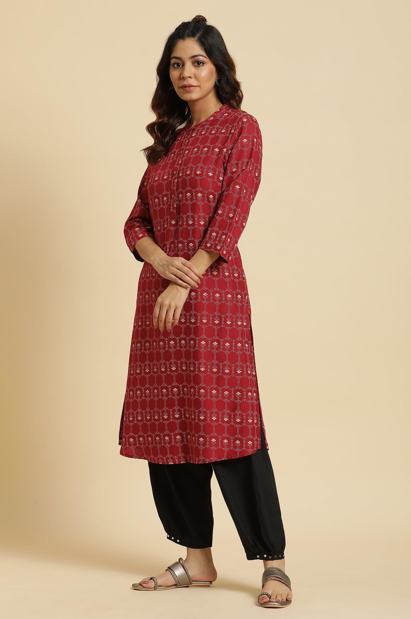 Maroon Printed Mandarin Collar Kurta - wforwoman