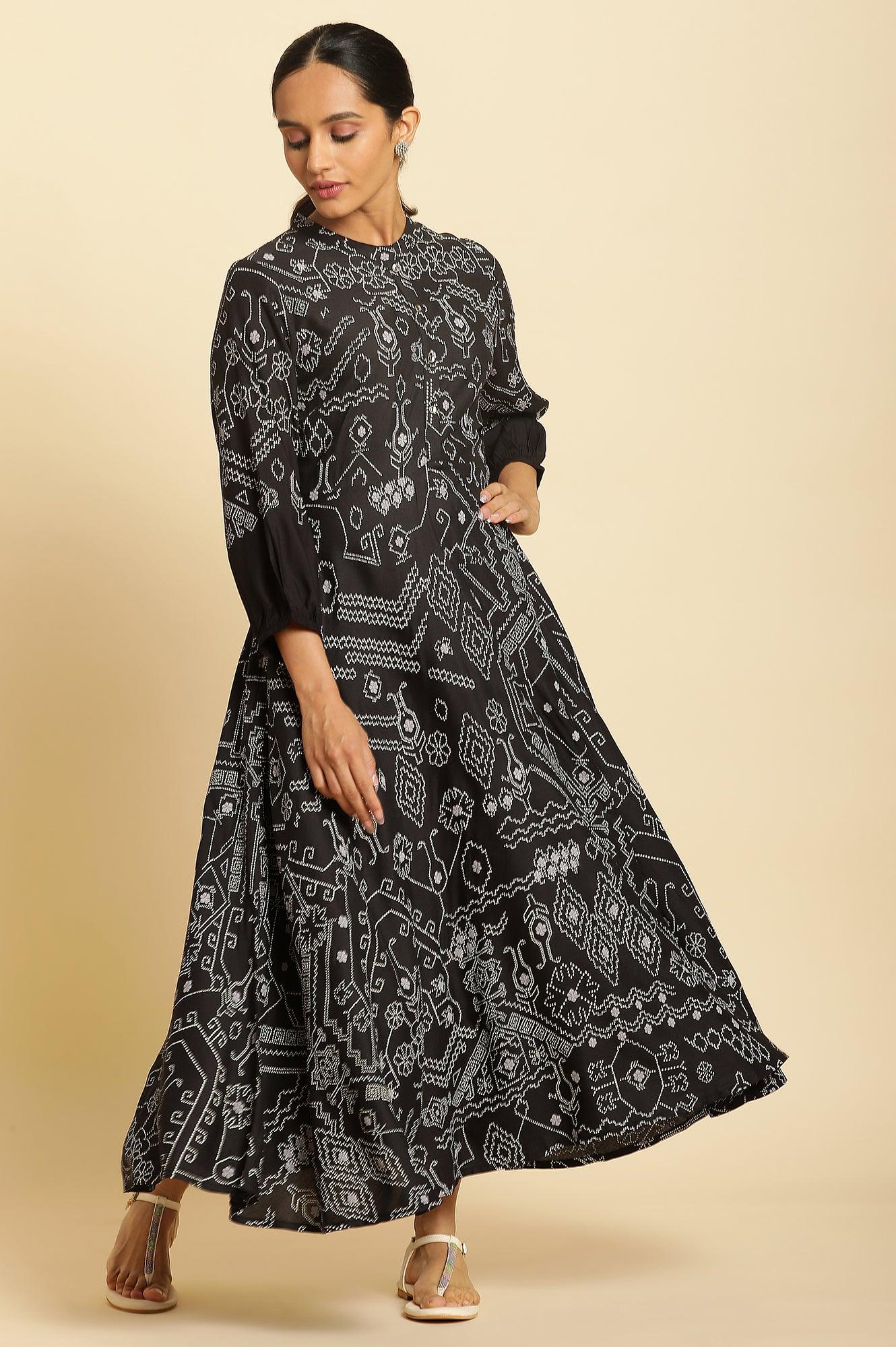 Black Bandhani Printed Flared Dress - wforwoman