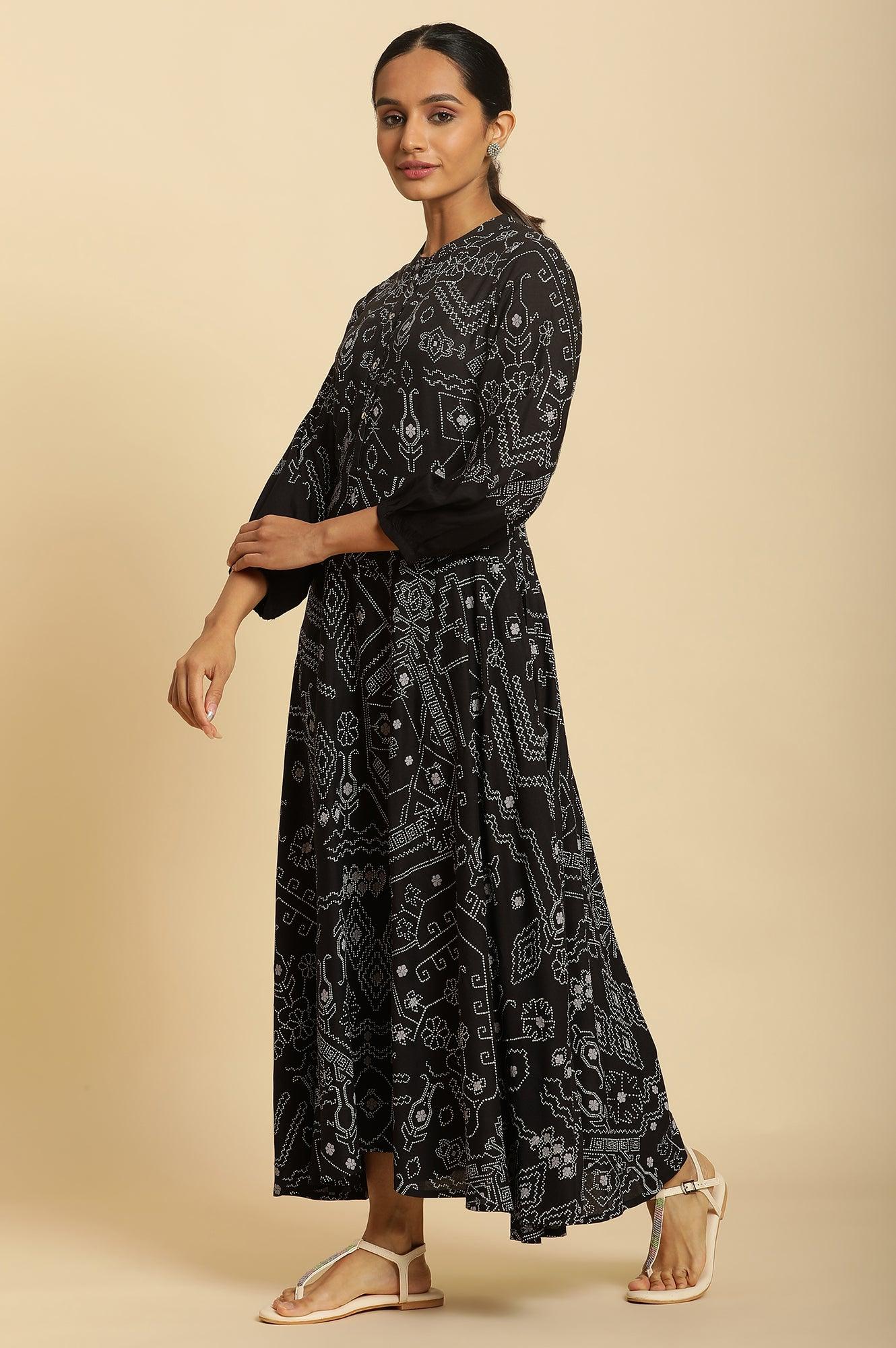 Black Bandhani Printed Flared Dress - wforwoman