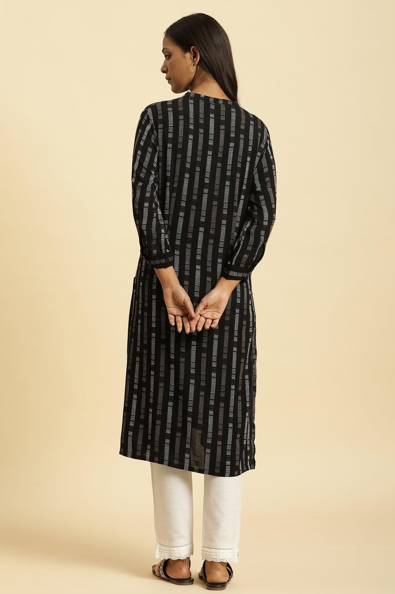 Black Printed Mandarin Collar Casual Kurta - wforwoman