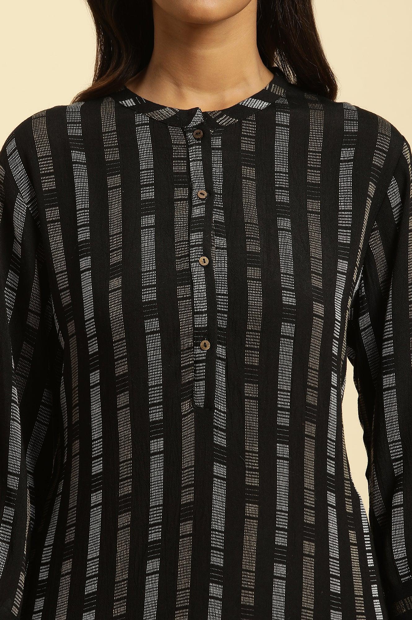 Black Printed Mandarin Collar Casual Kurta - wforwoman