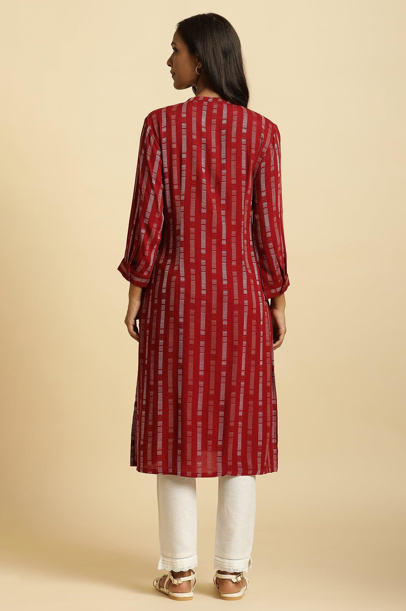 Red Printed Mandarin Collar Casual Kurta - wforwoman