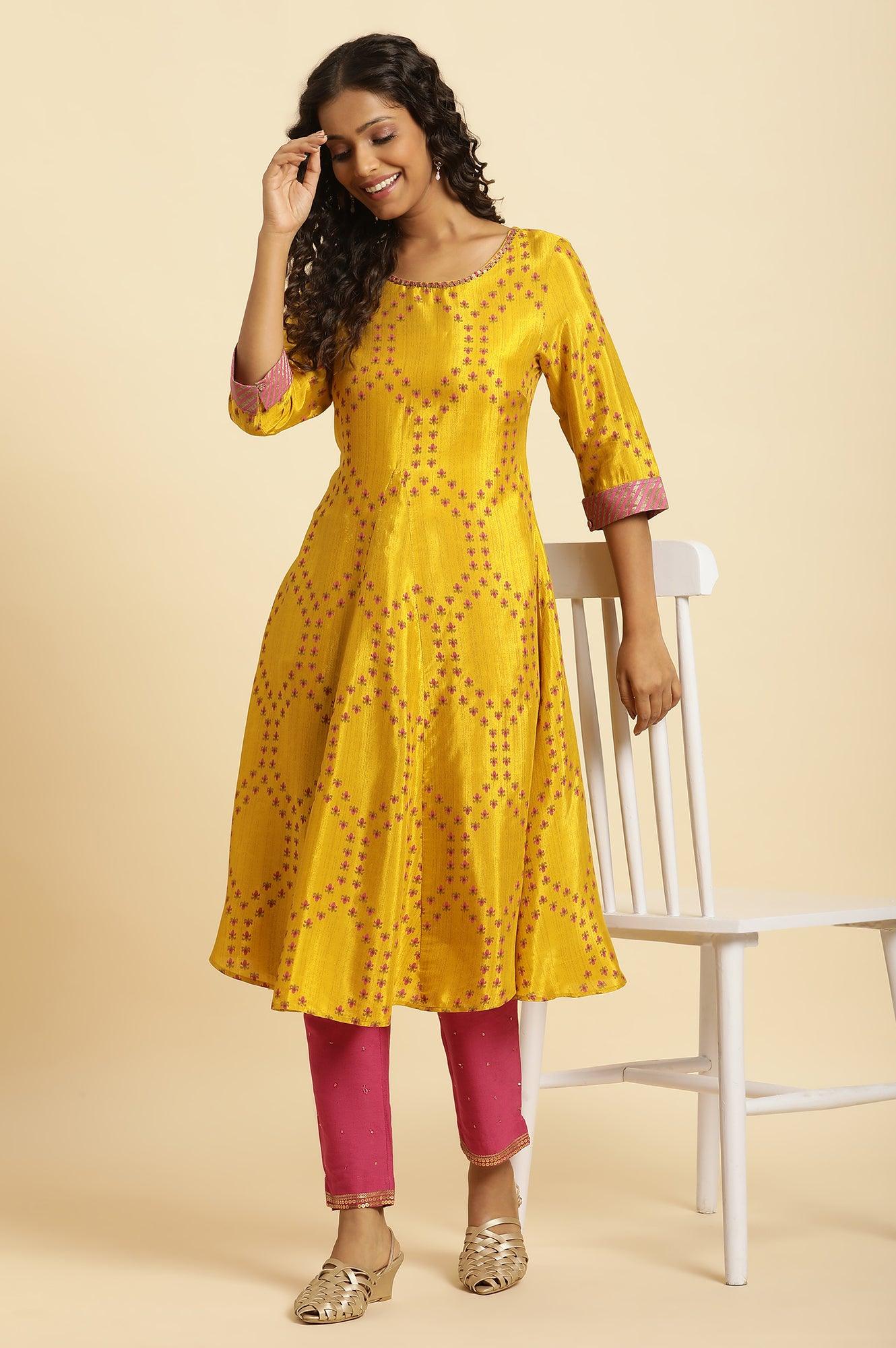 Buy Yellow Geometric Printed A-Line Kurta Online for Woman