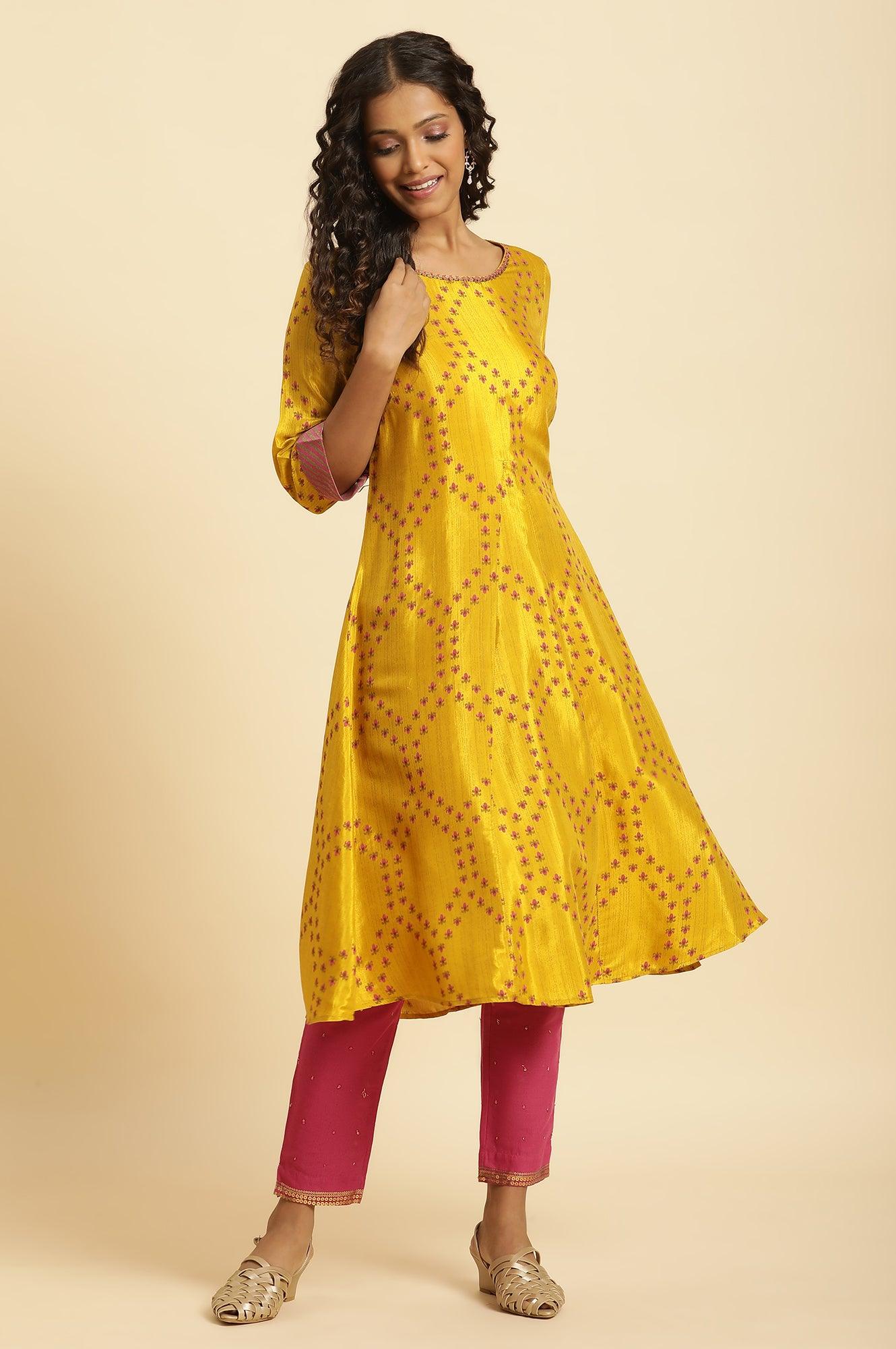 Yellow Geometric Printed A-Line Kurta - wforwoman