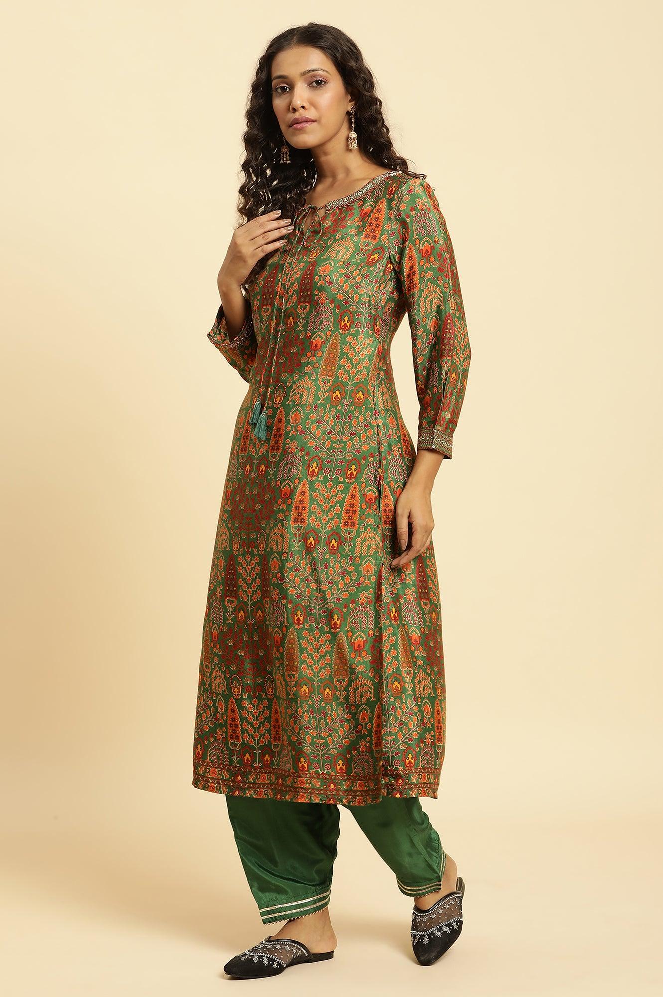 Green Printed Festive Kurta With Embroidery - wforwoman