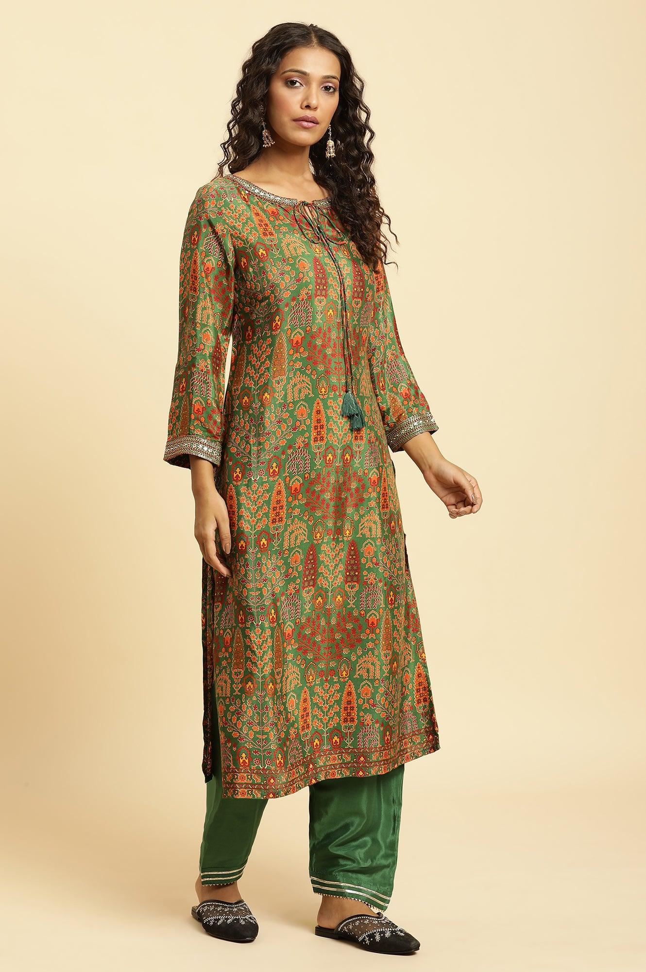 Green Printed Festive Kurta With Embroidery - wforwoman