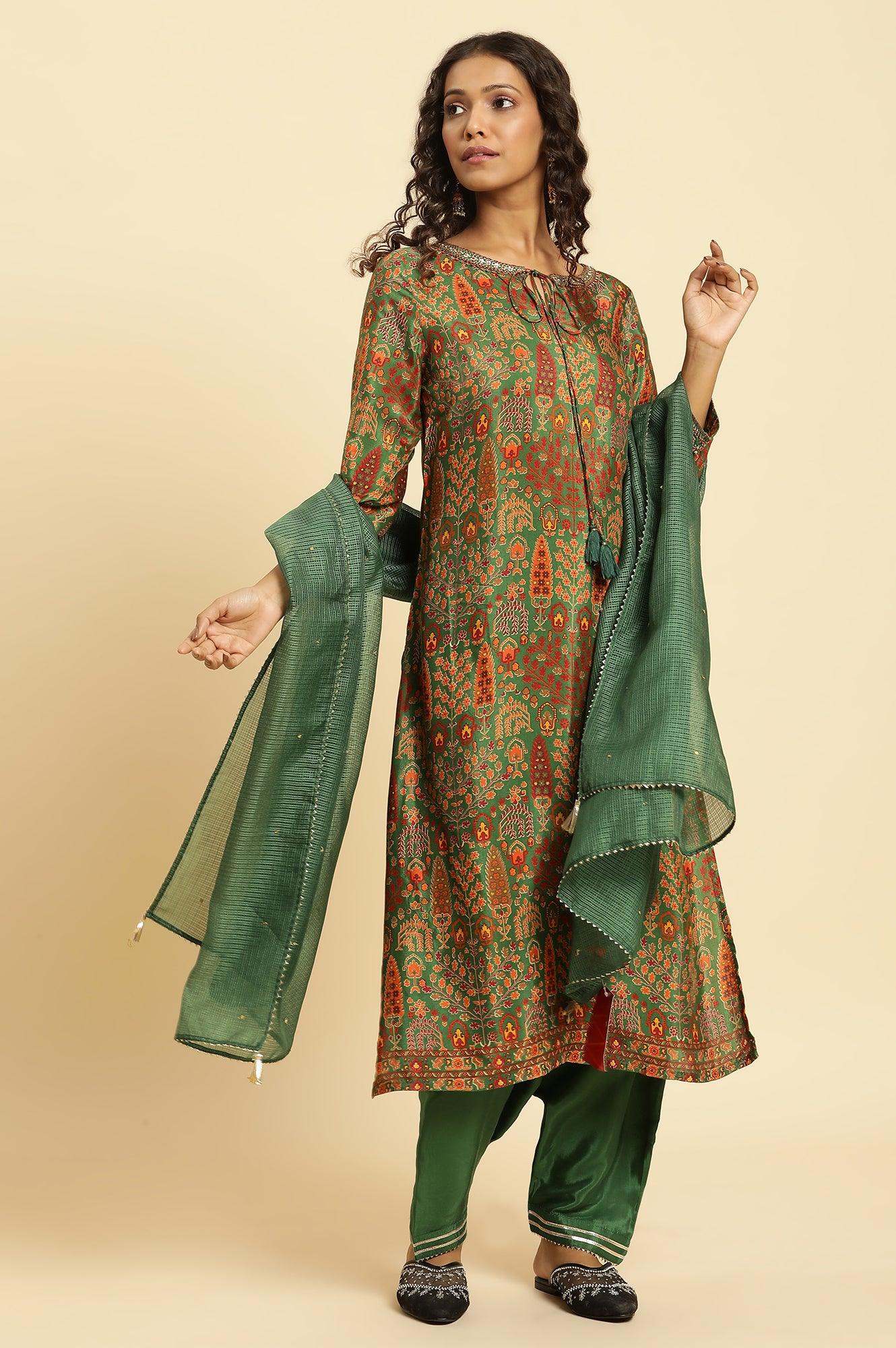 Green Printed Festive Kurta With Embroidery - wforwoman