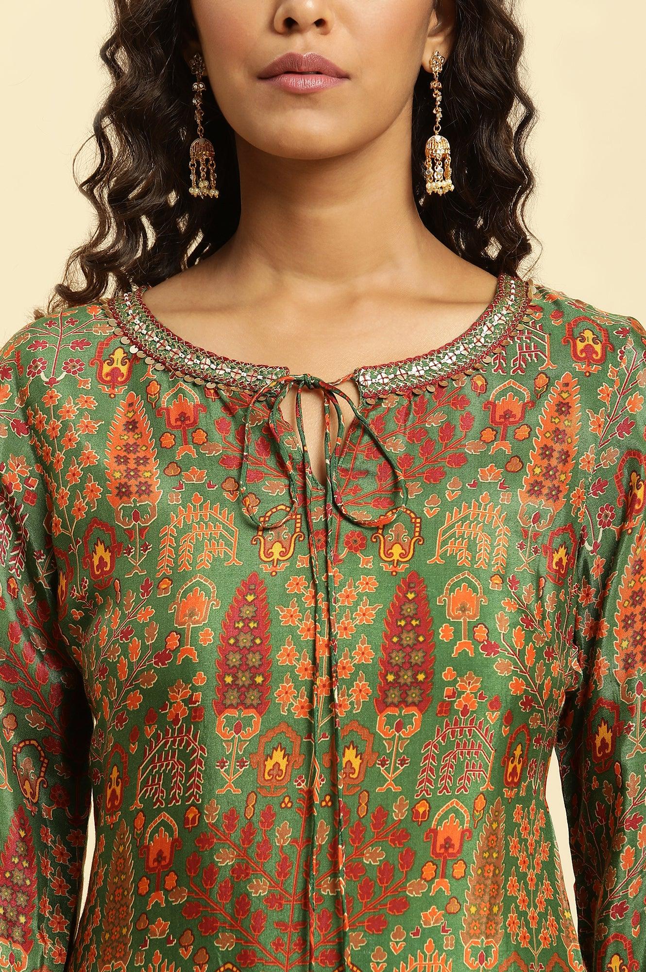 Green Printed Festive Kurta With Embroidery - wforwoman