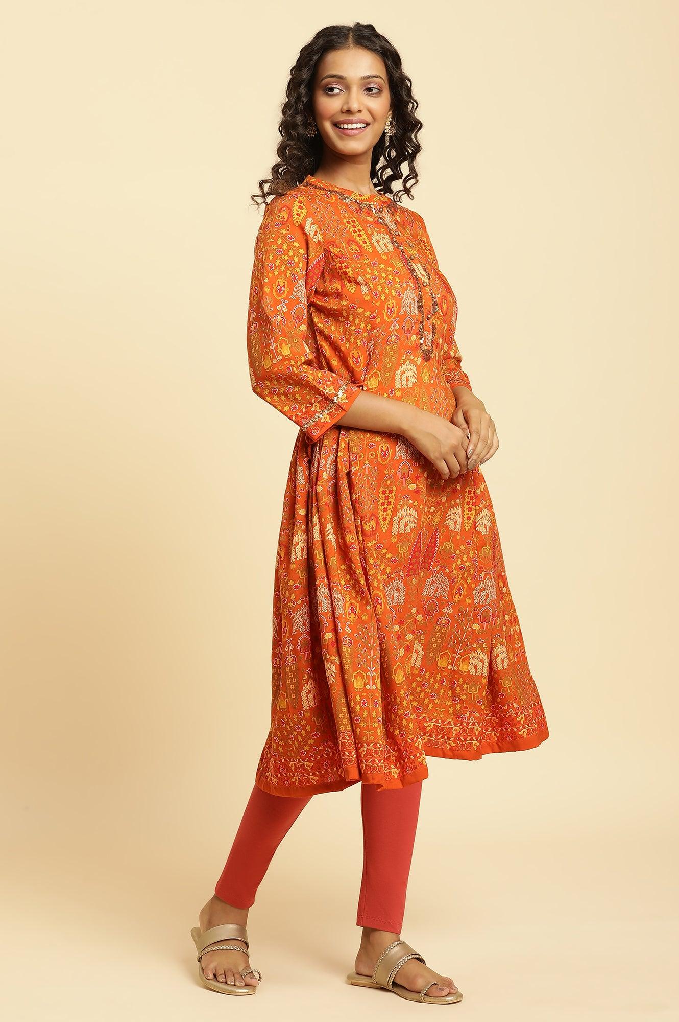 Orange Printed Festive A-Line Kurta - wforwoman
