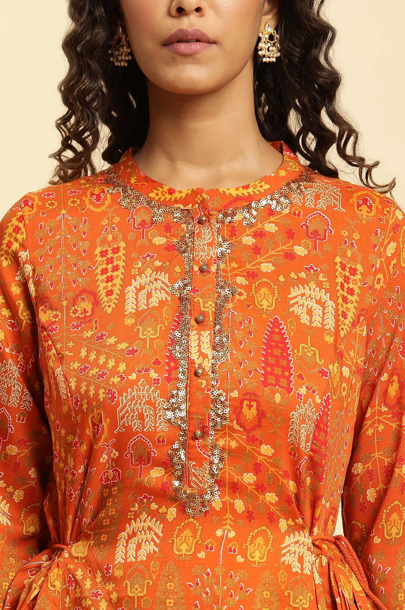 Orange Floral Printed Sequins A-Line Kurta and Parallel Pant Set