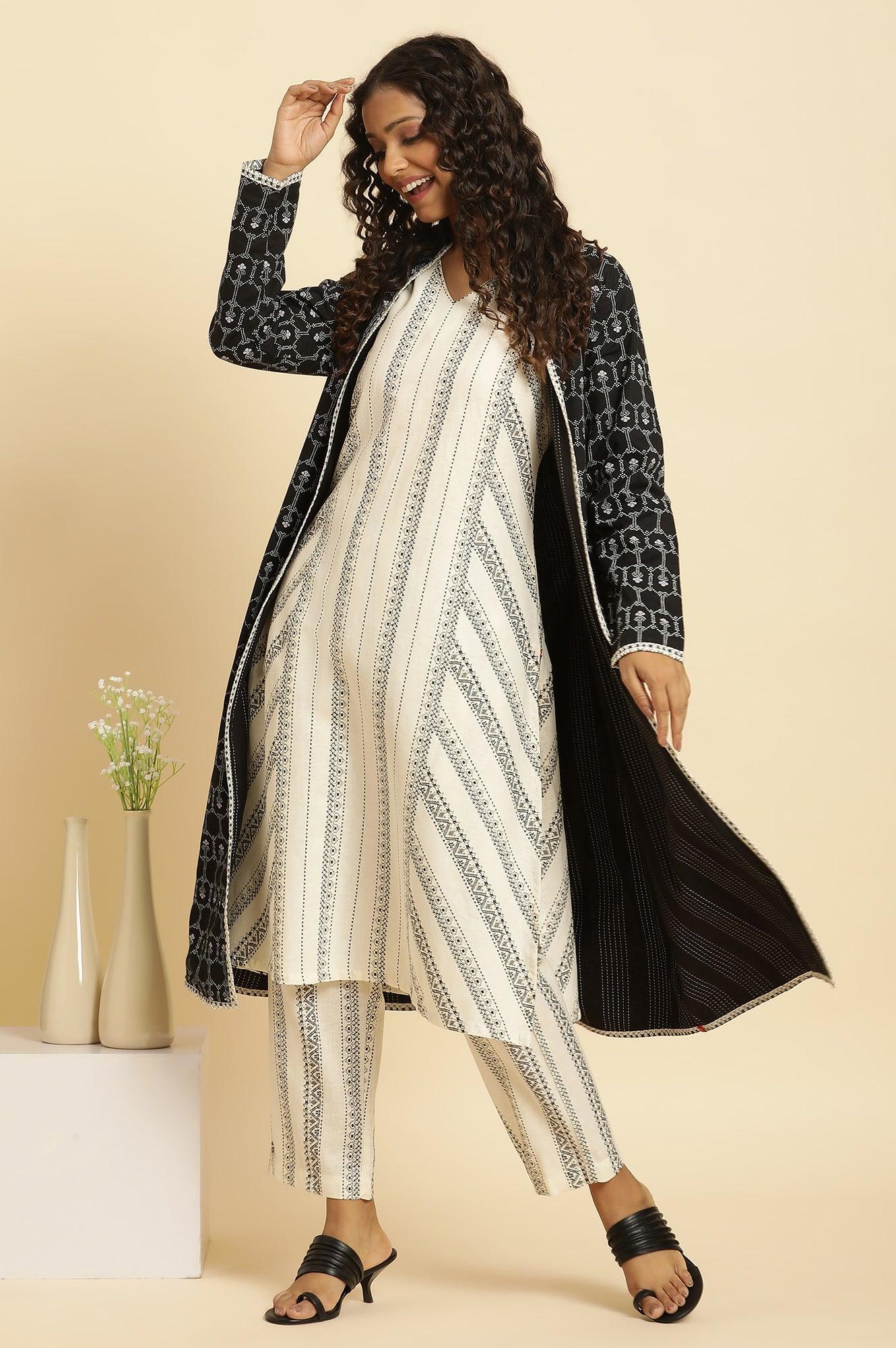 Black Reversible Front Open Jacket In White Print - wforwoman
