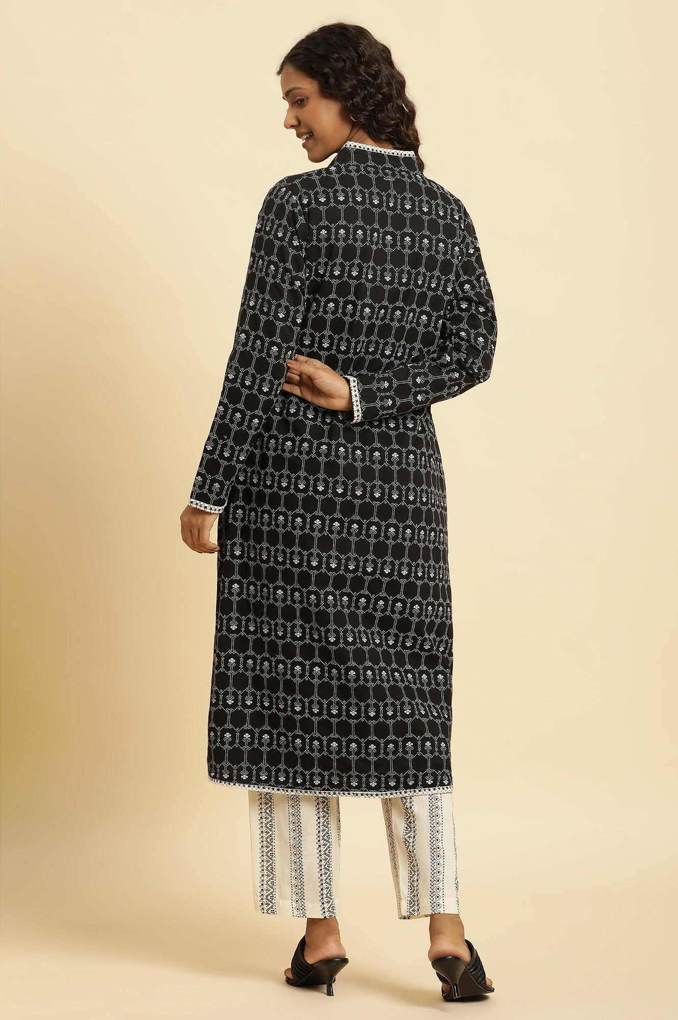 Black Reversible Front Open Jacket In White Print - wforwoman