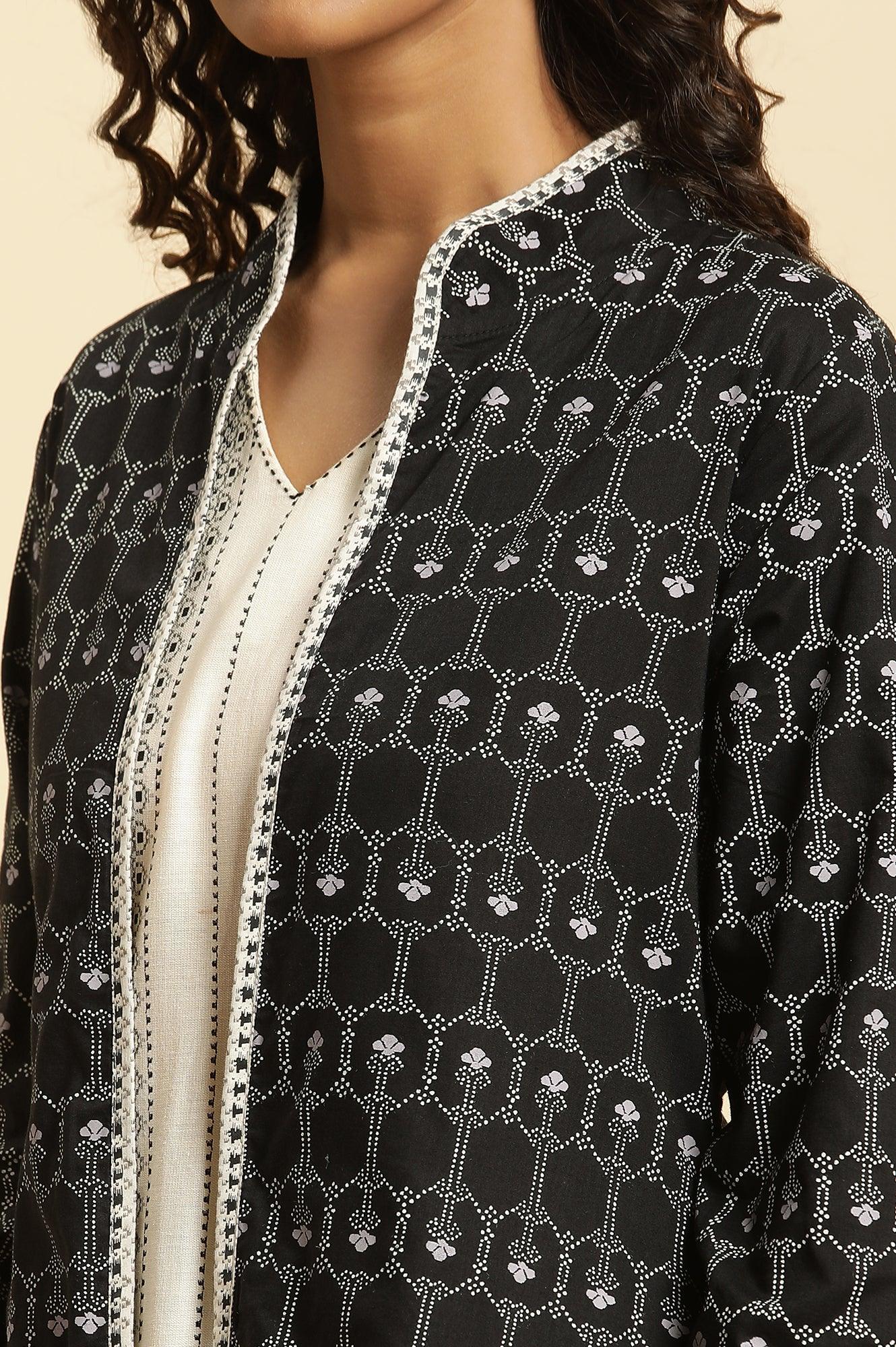 Black Reversible Front Open Jacket In White Print - wforwoman
