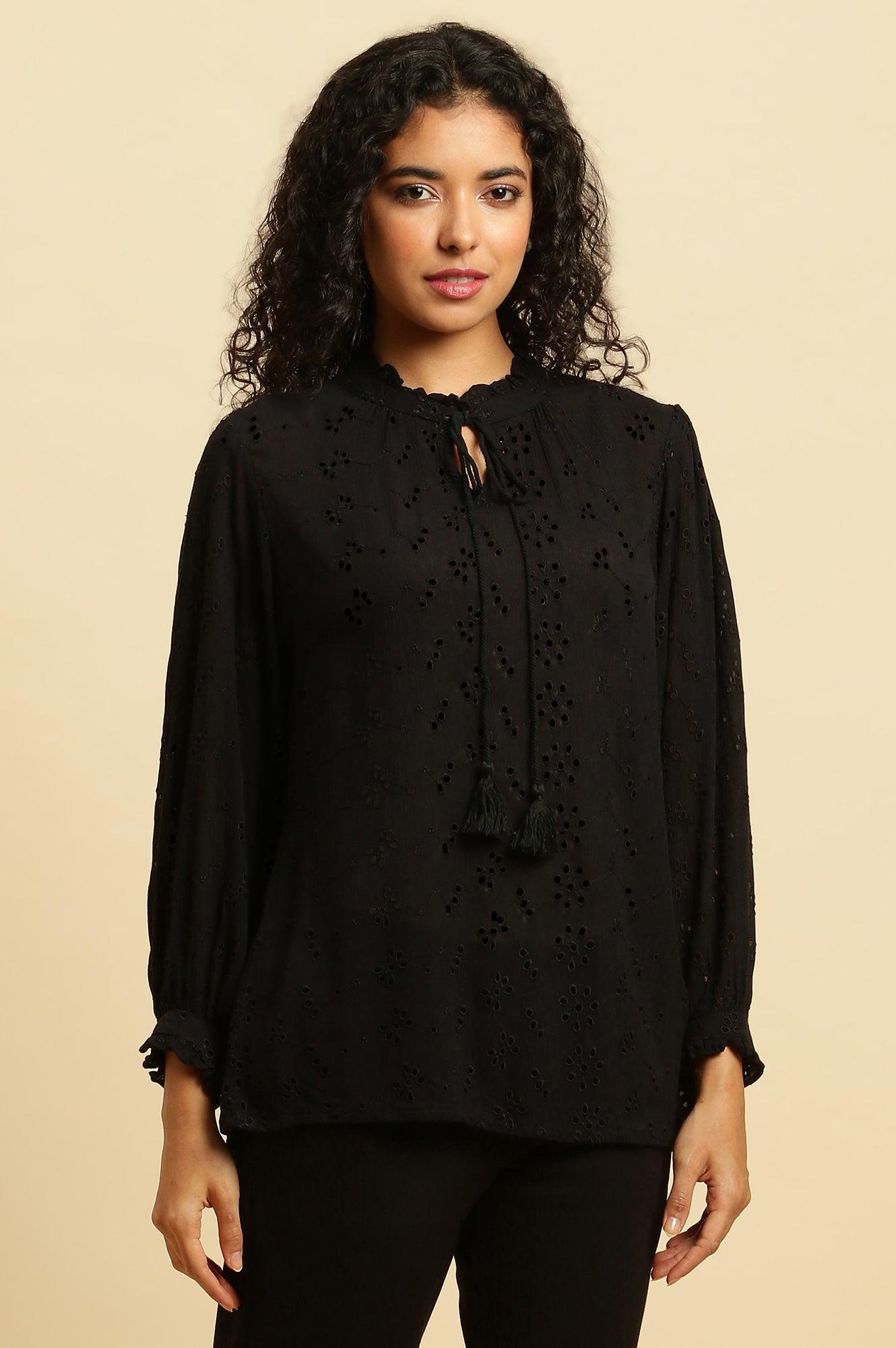 Black Schiffli Western Top With Neck Tie Up - wforwoman