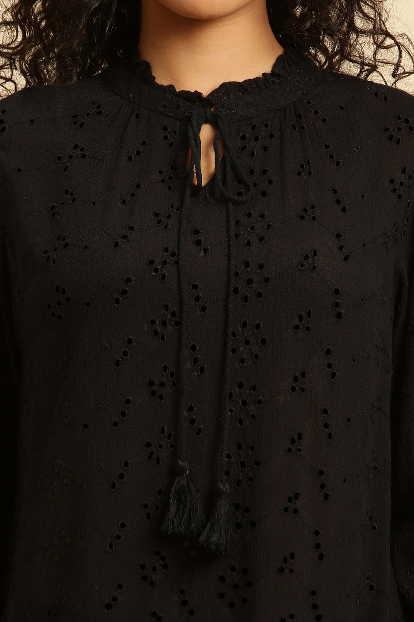 Black Schiffli Western Top With Neck Tie Up - wforwoman