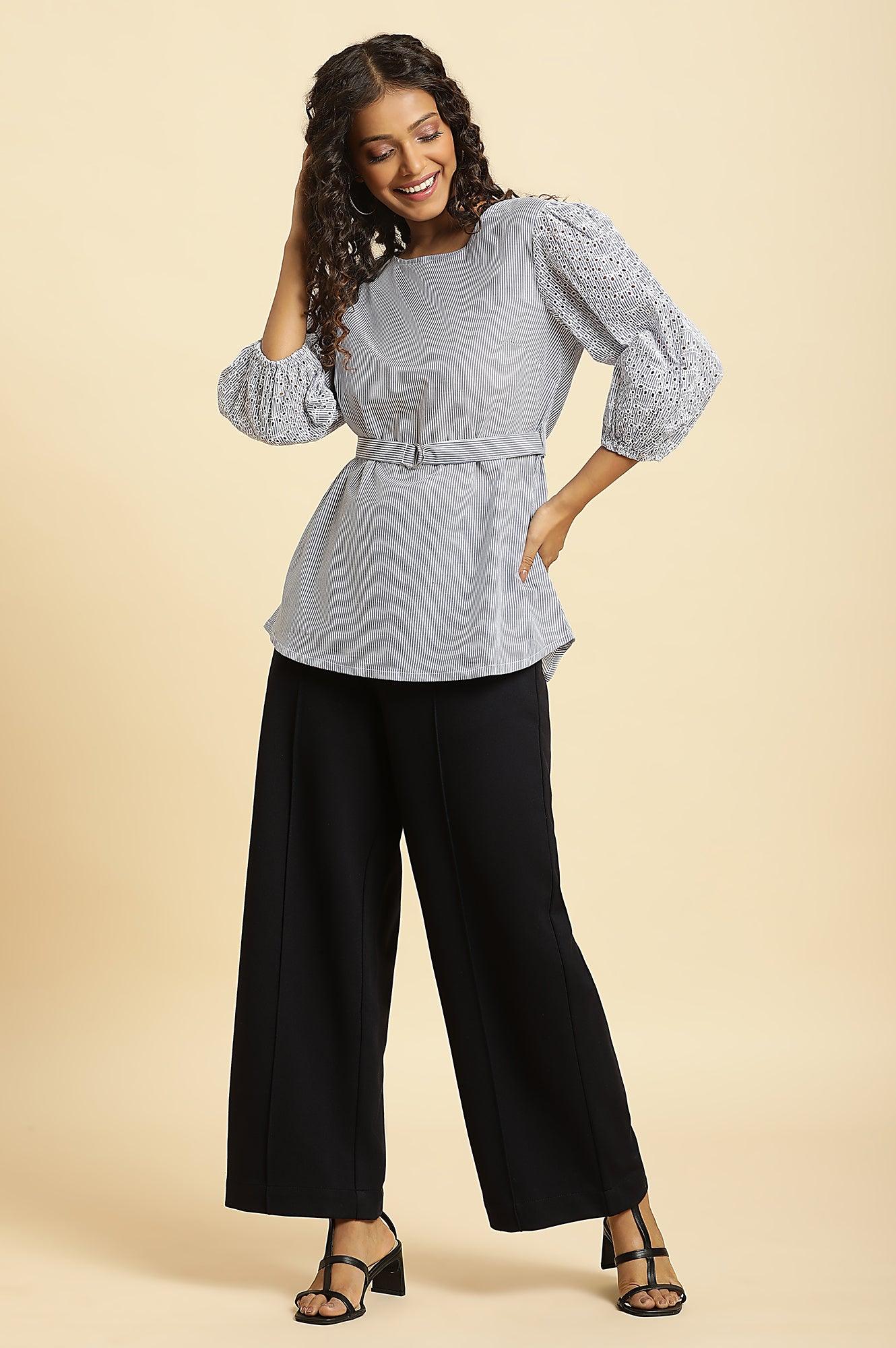 Blue And White Stripe Printed Top With Embroidered Sleeves - wforwoman