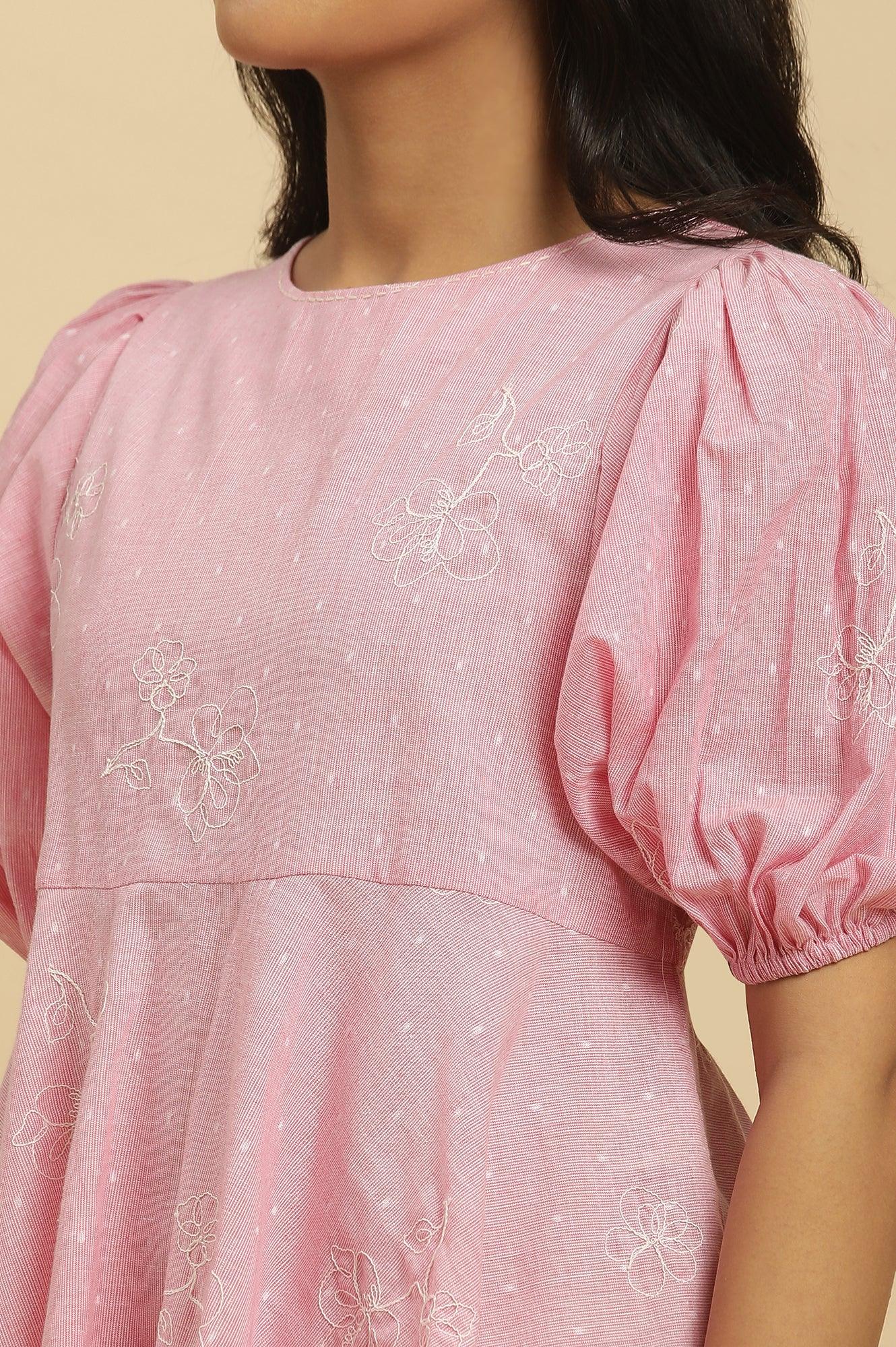 Pink Embroidered Western Peplum Top - wforwoman