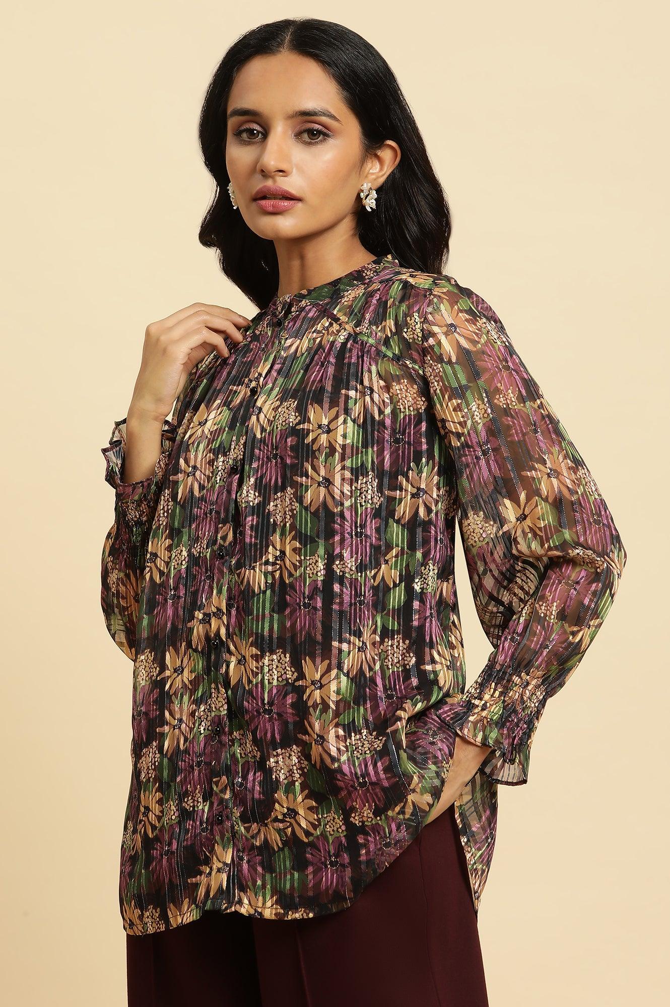 Purple Floral Printed Chiffon Lurex Top - wforwoman