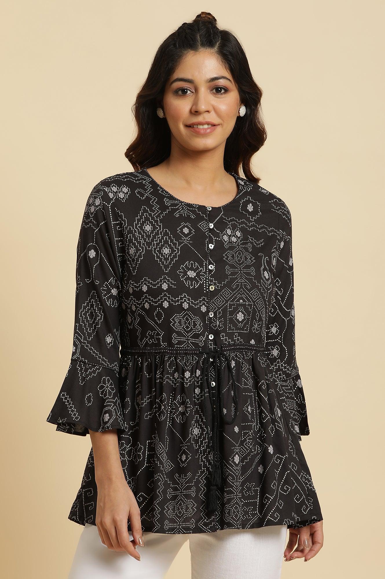 Black A-Line Peplum Printed Top - wforwoman
