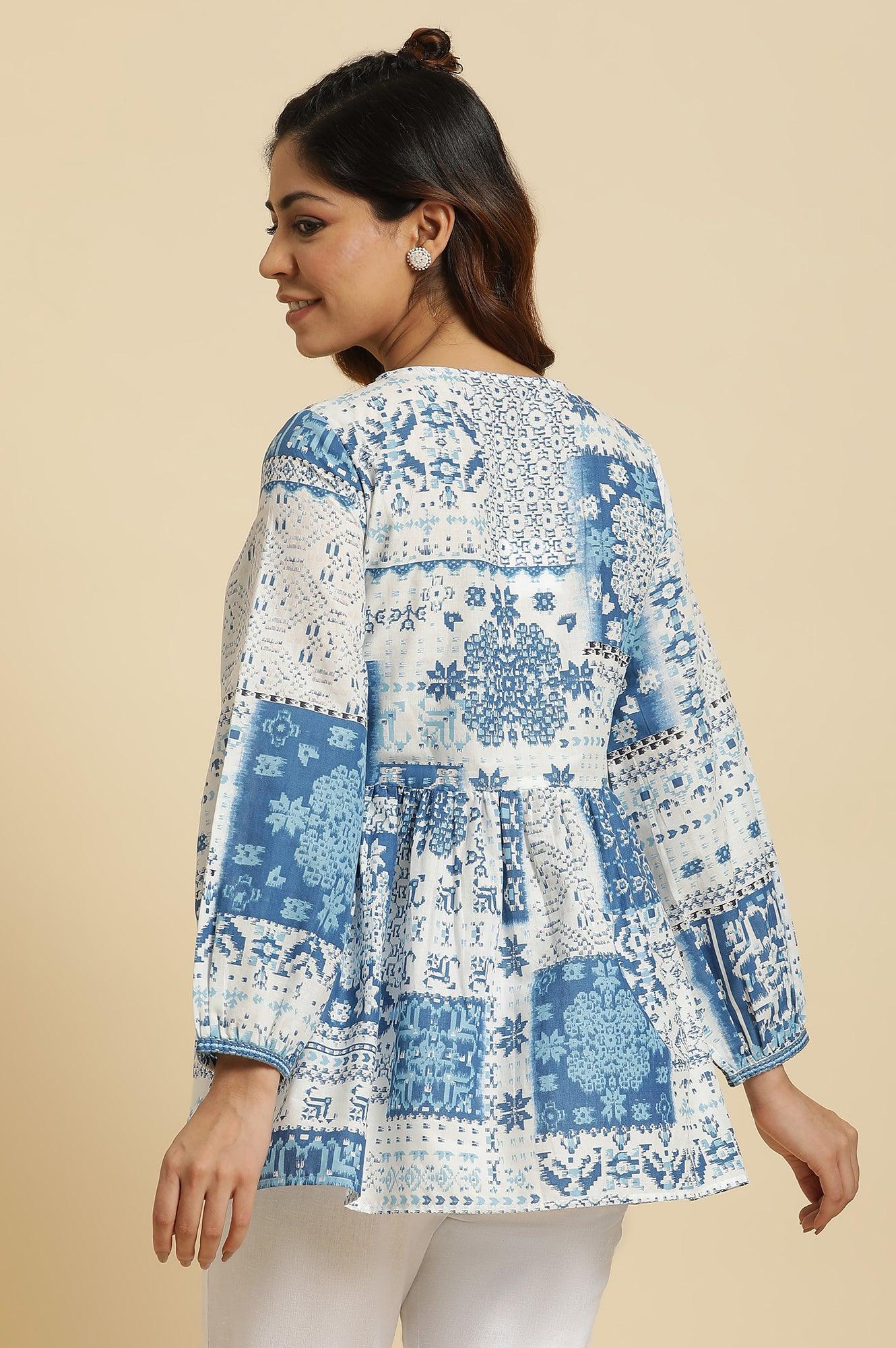 Ecru & Blue Gathered Top With Tie-Up Neck - wforwoman