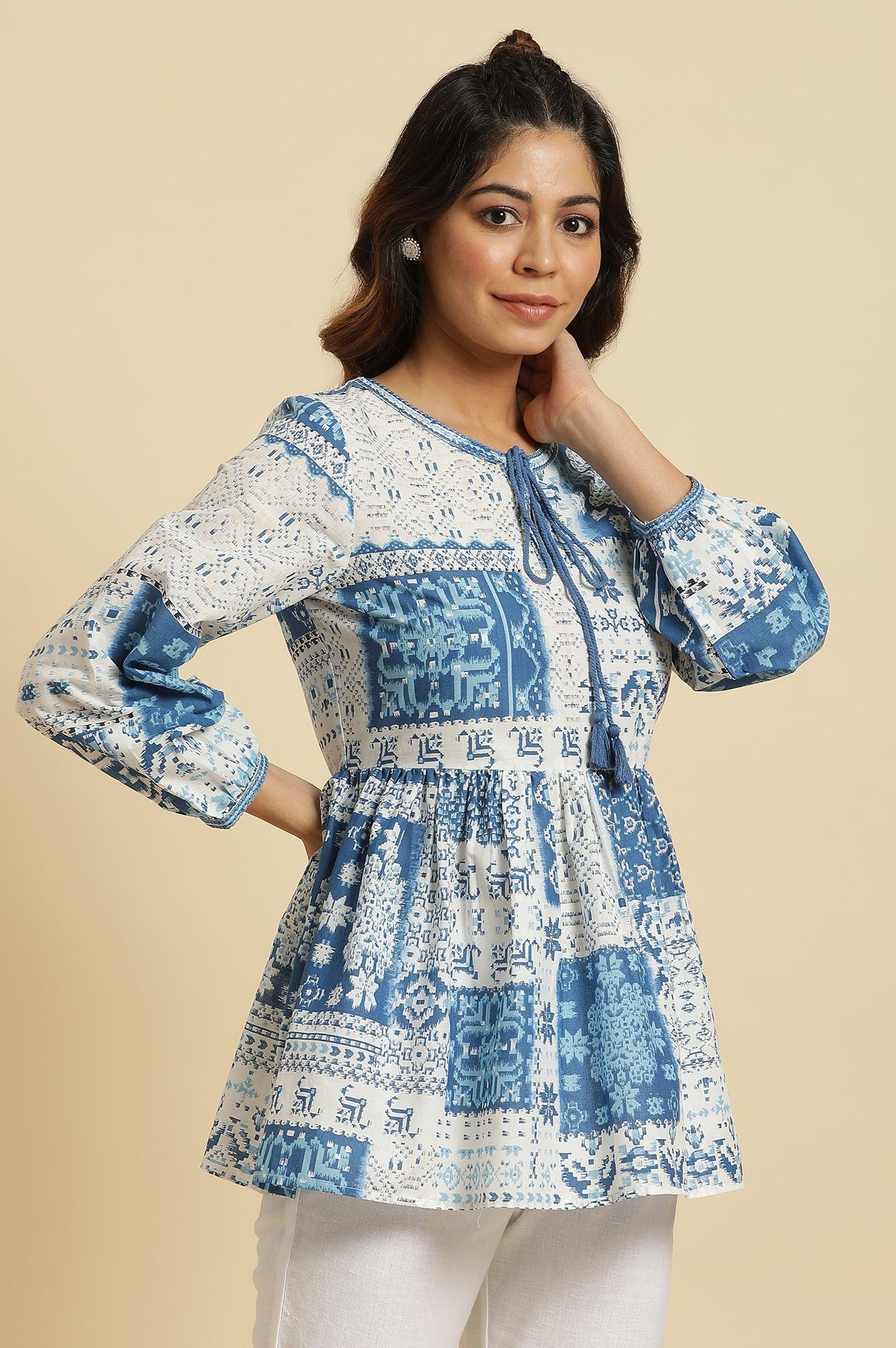 Ecru & Blue Gathered Top With Tie-Up Neck - wforwoman