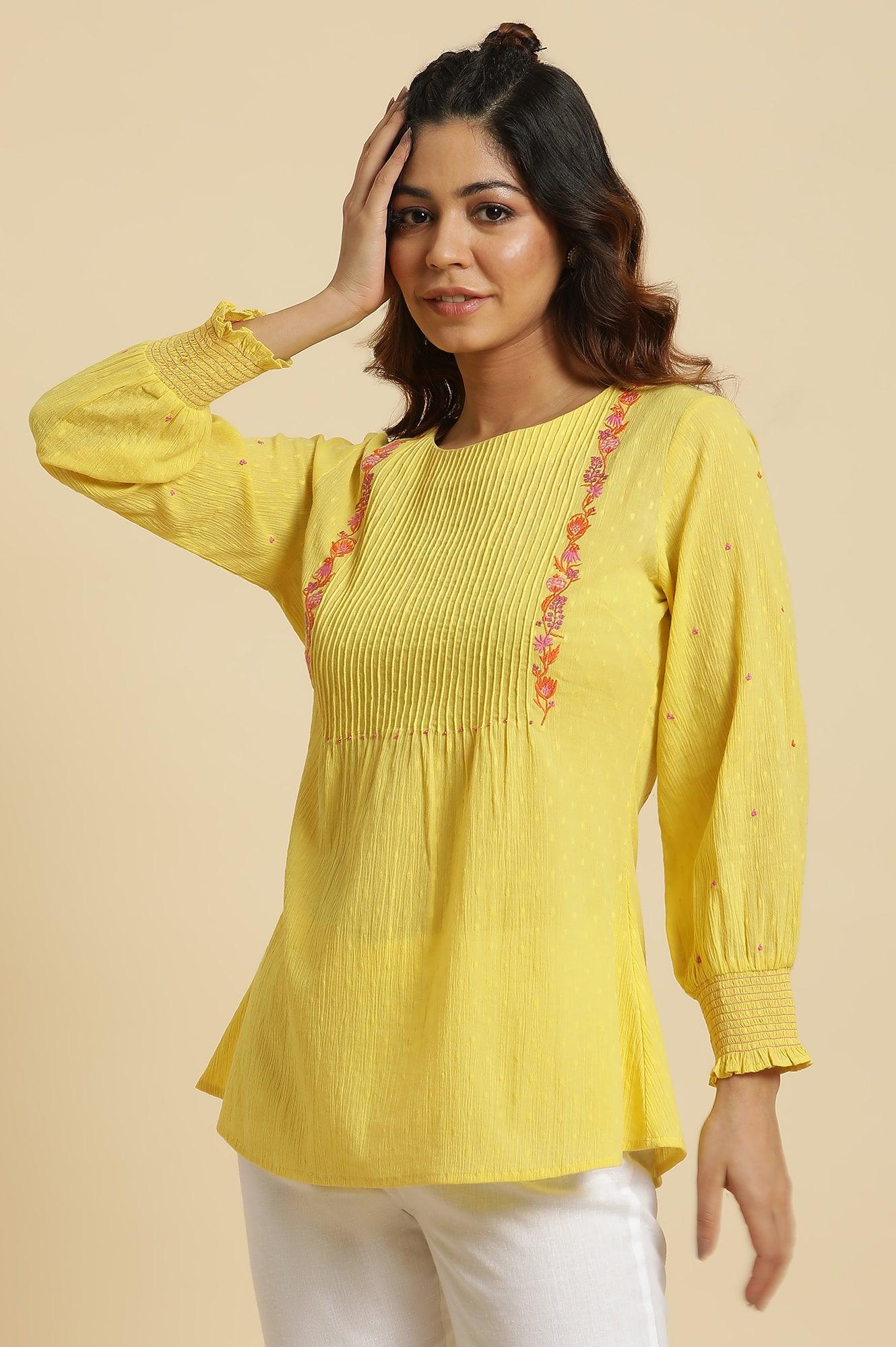 Yellow Embroidered Pintuck Top - wforwoman
