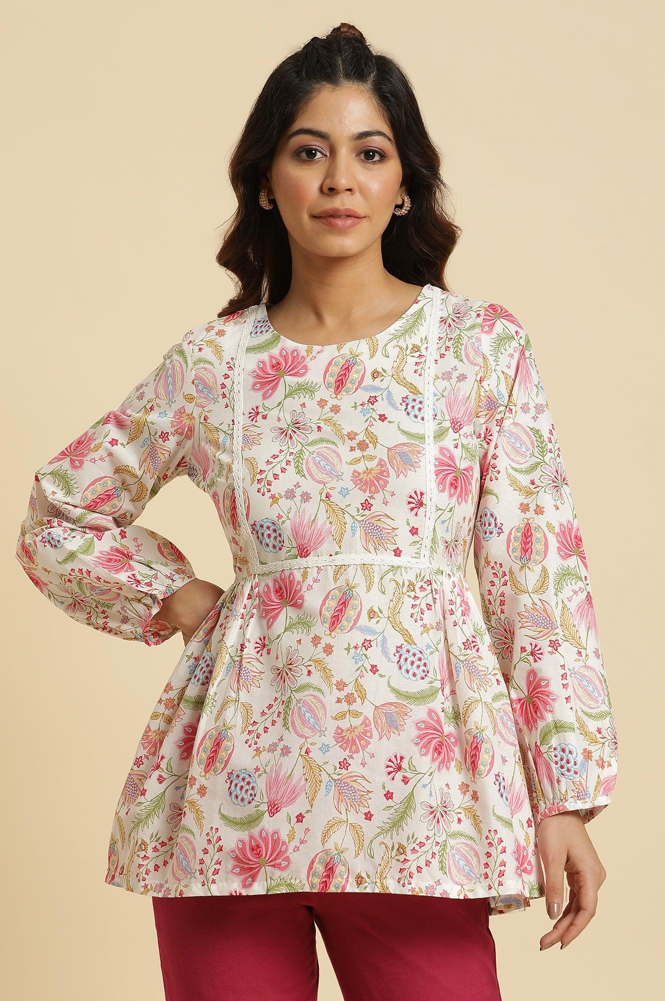 Ecru Gathered Top With Bright Floral Print - wforwoman