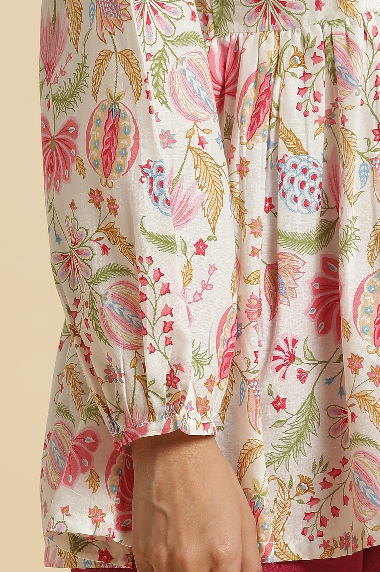 Ecru Gathered Top With Bright Floral Print - wforwoman