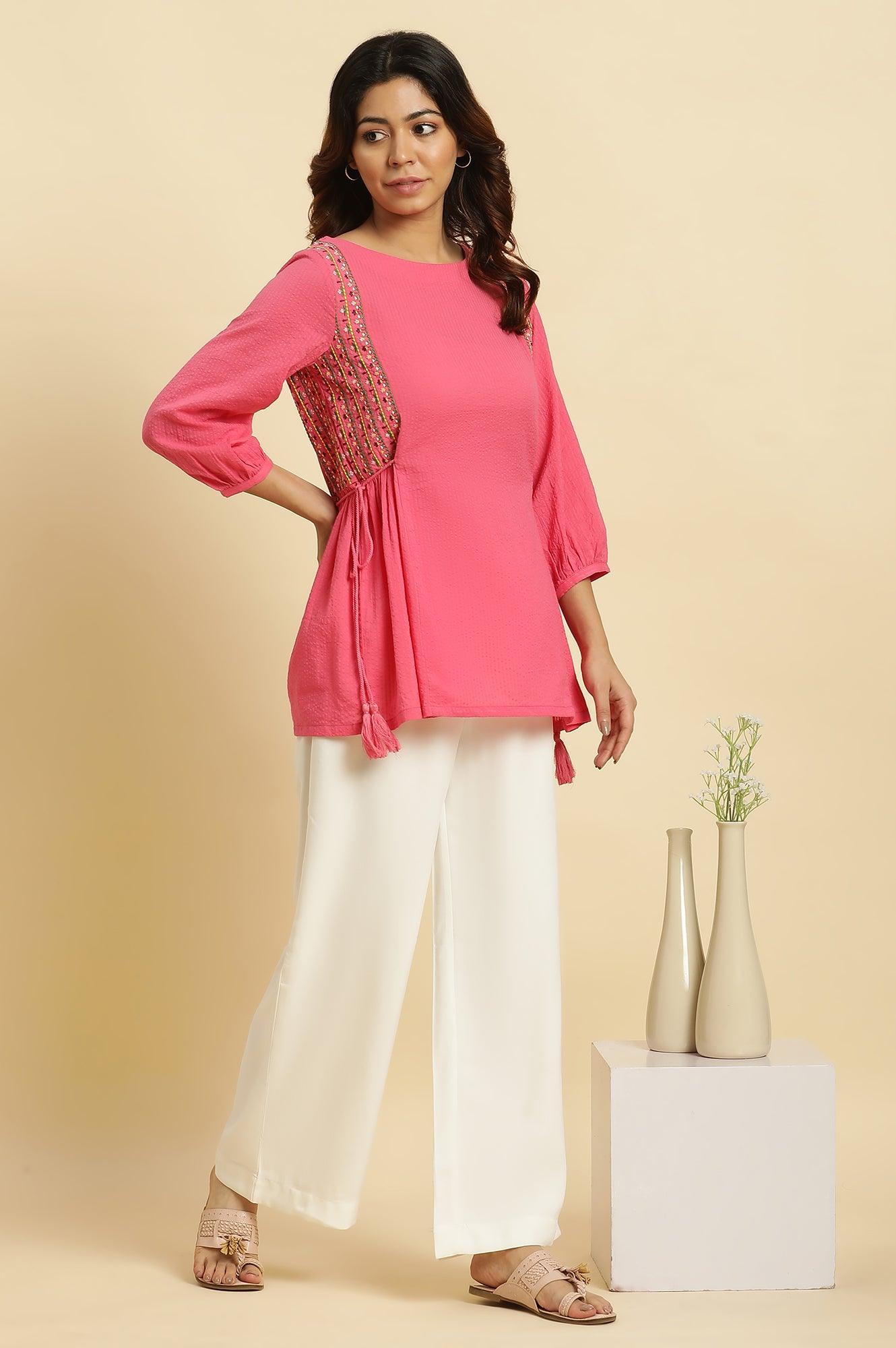 Pink Embroidered Solid Top With Side Tie-Up - wforwoman