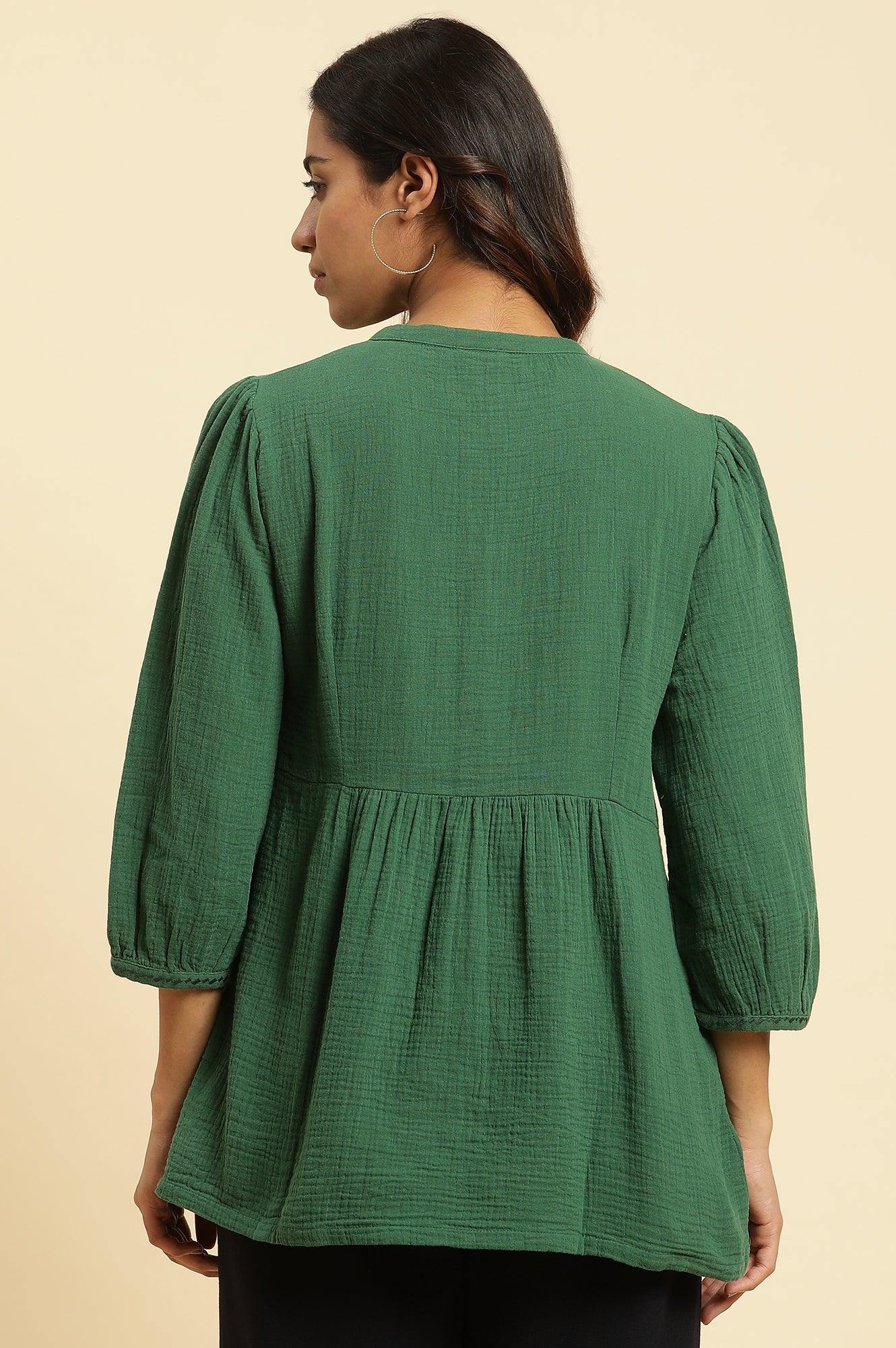 Dark Green Embroidered Western Top - wforwoman