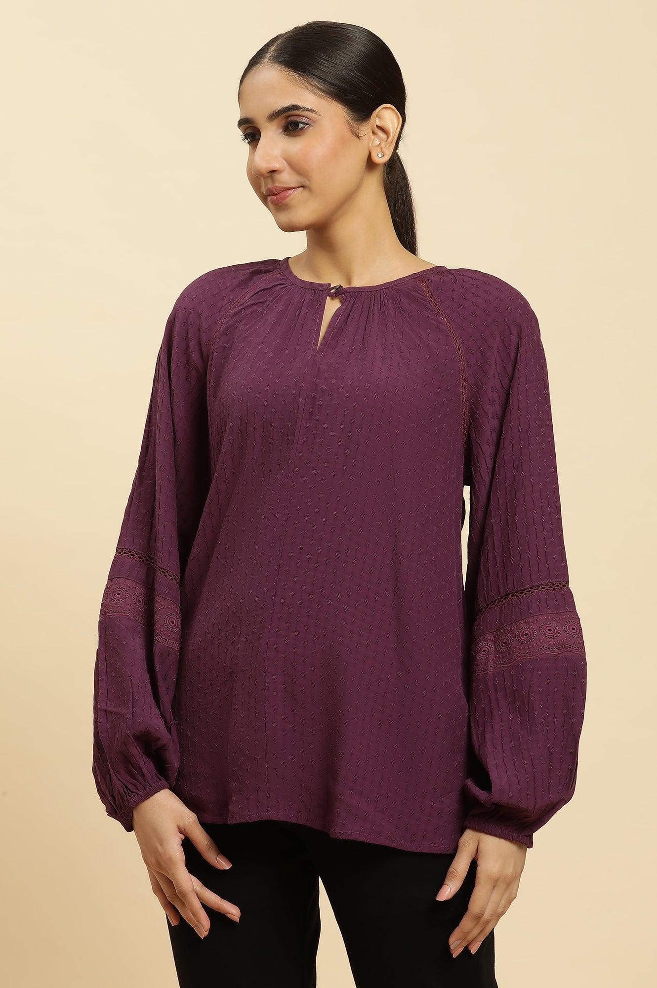 Purple Swiss Dot Gathered Sleeves Western Top - wforwoman