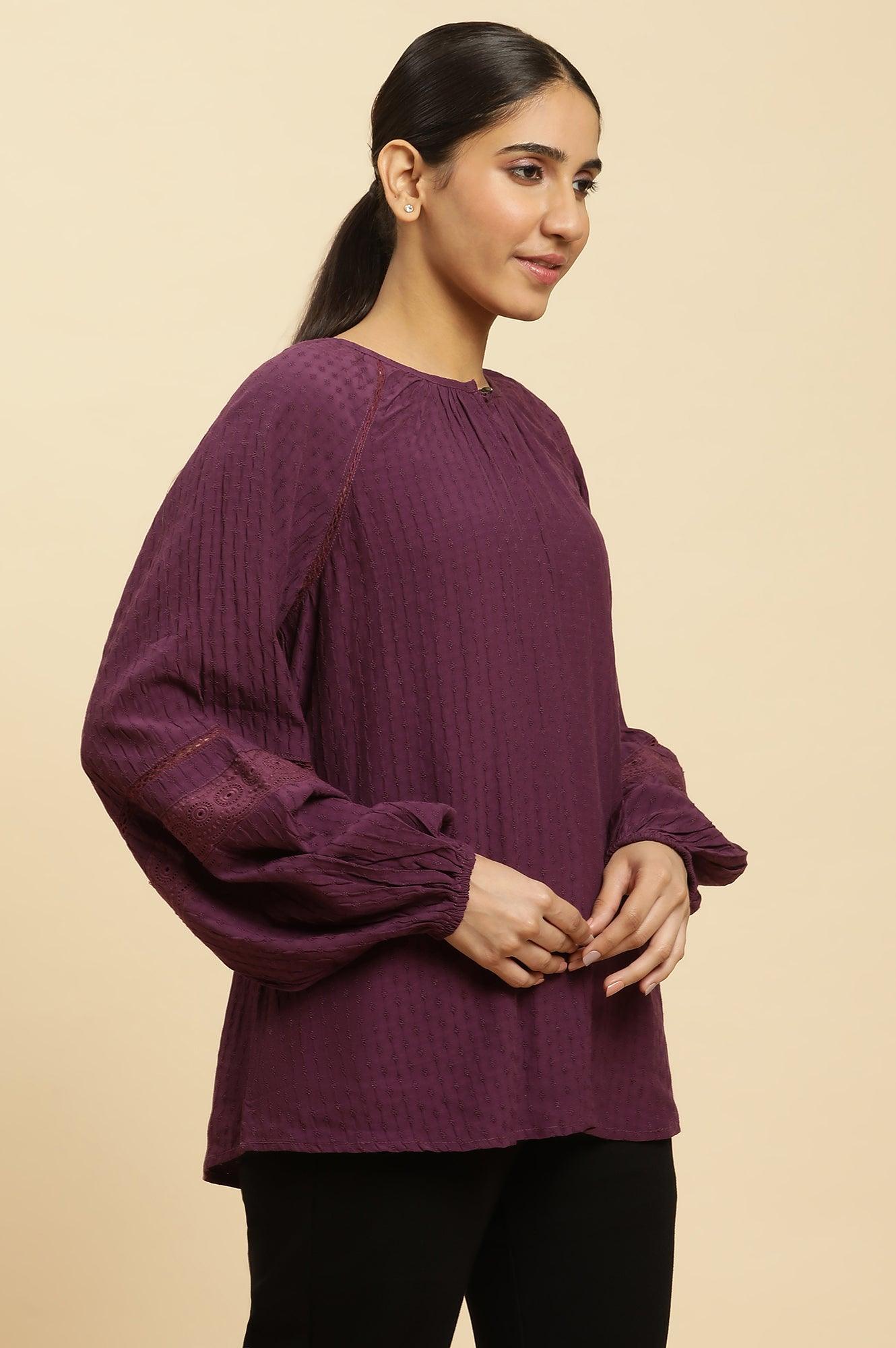 Purple Swiss Dot Gathered Sleeves Western Top - wforwoman