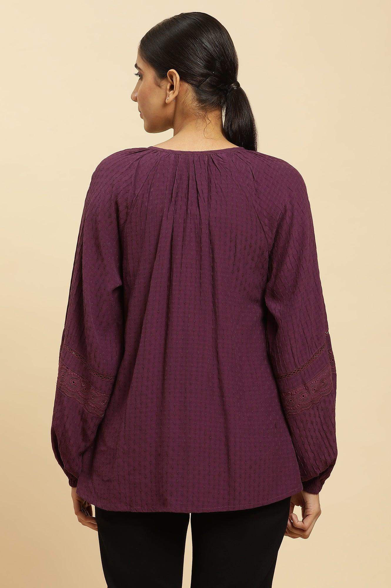 Purple Swiss Dot Gathered Sleeves Western Top - wforwoman
