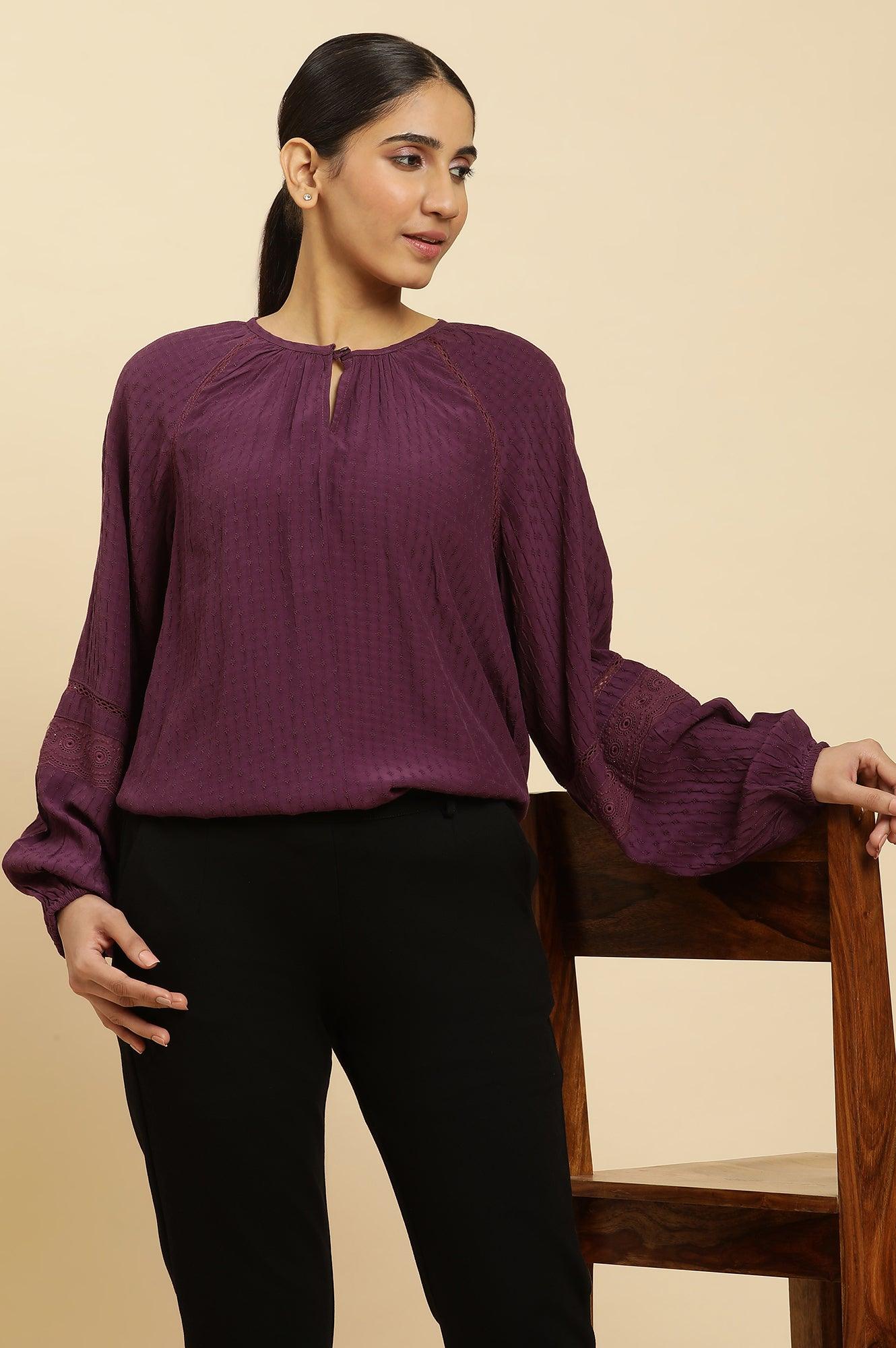 Purple Swiss Dot Gathered Sleeves Western Top - wforwoman