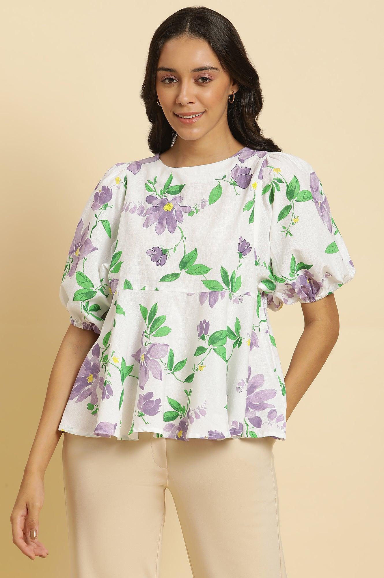 Buy Ecru Floral Printed Peplum Top Online for Woman | WforWoman