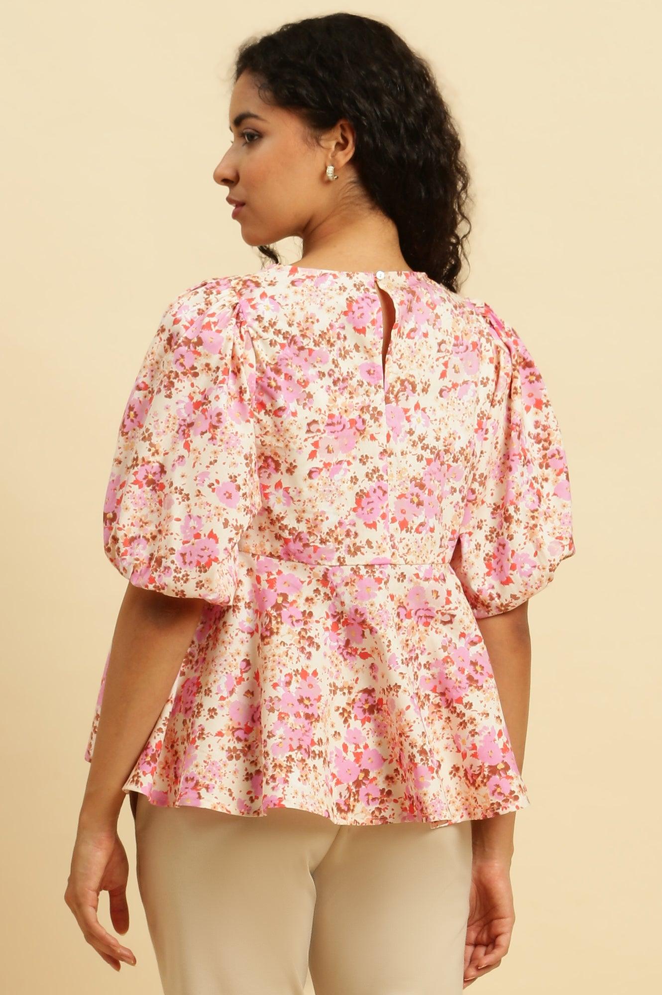 White And Pink Floral Printed Flared Top - wforwoman
