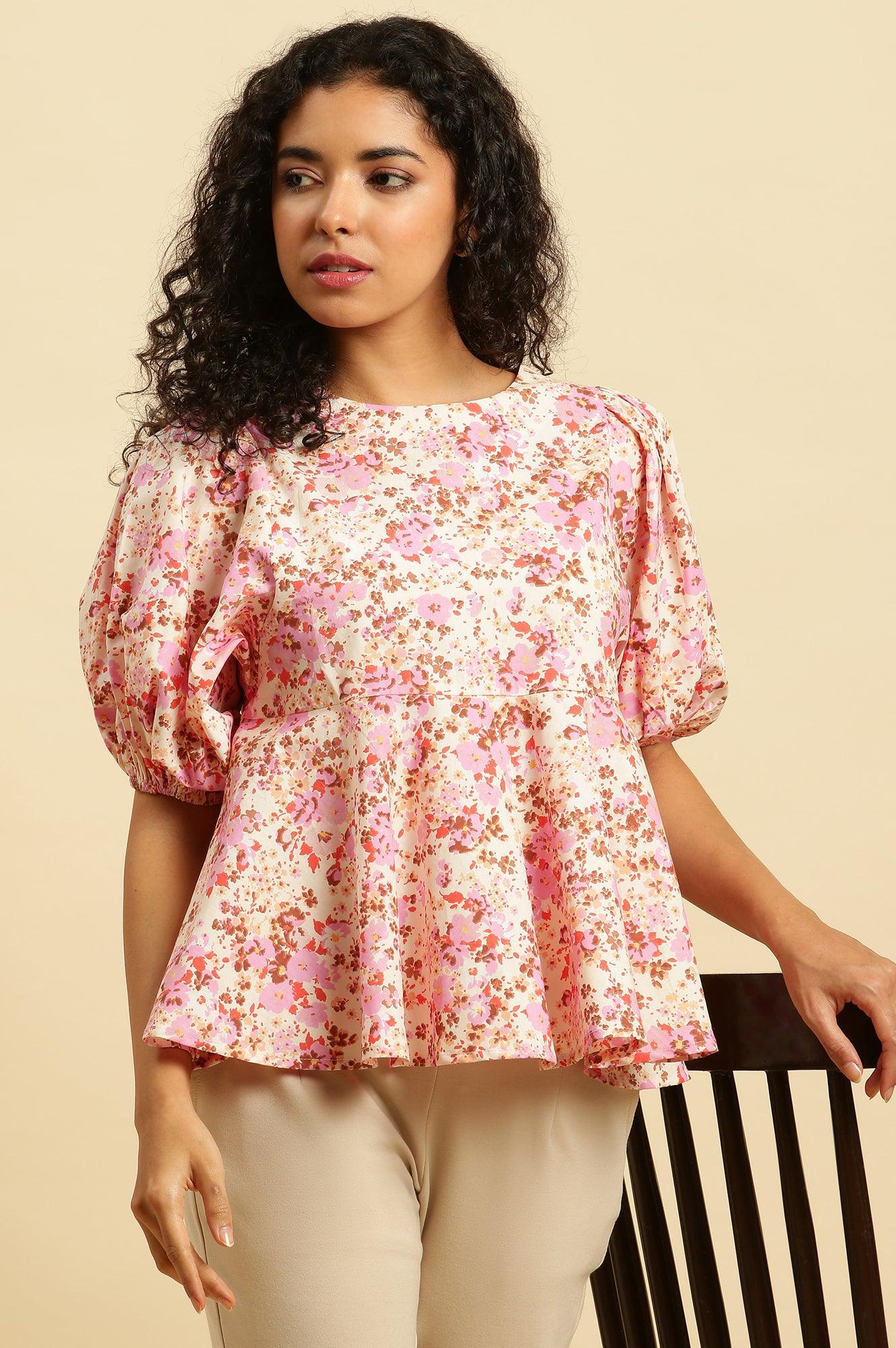White And Pink Floral Printed Flared Top - wforwoman