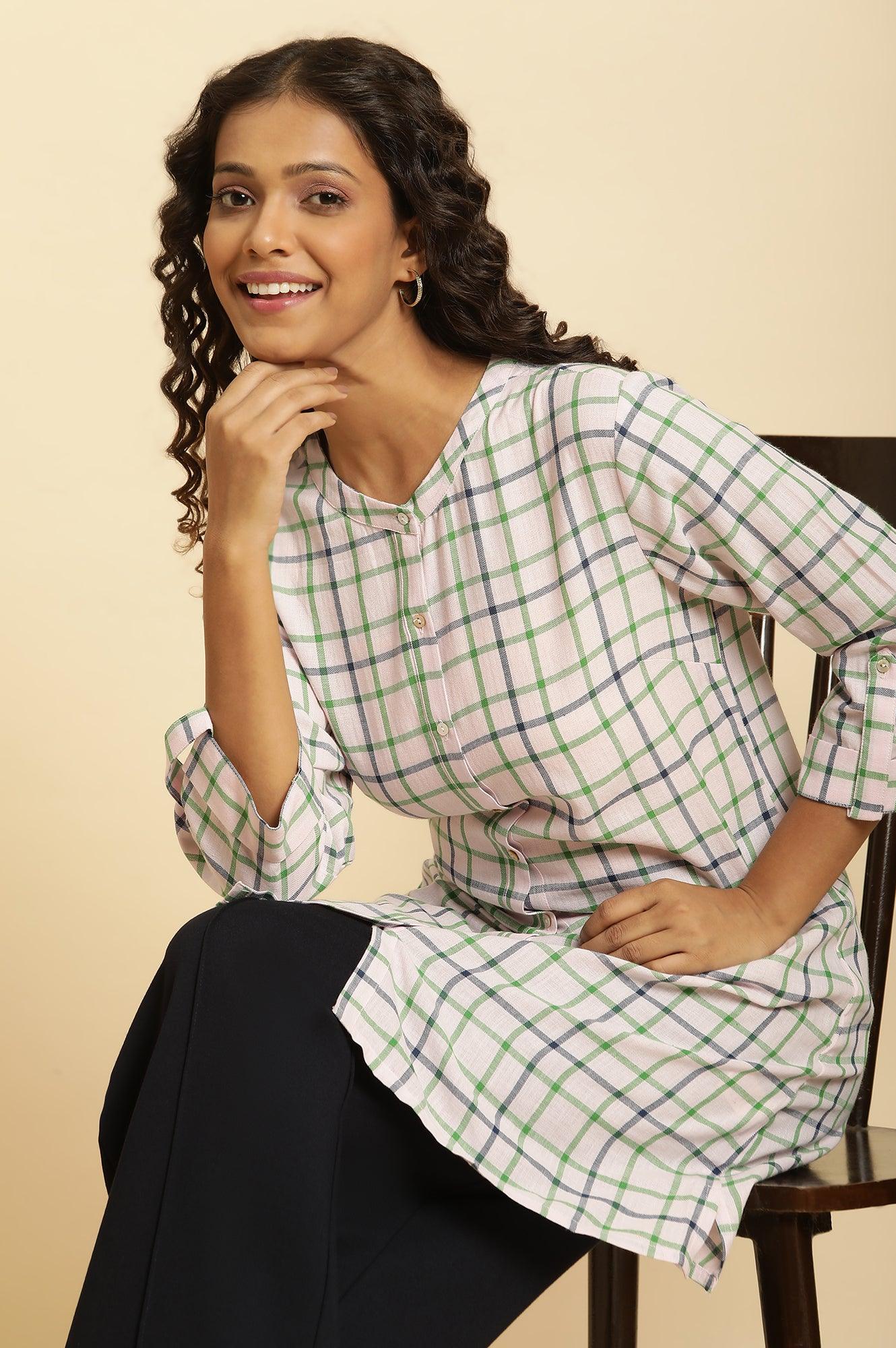 Ecru Check Printed Cotton Tunic - wforwoman