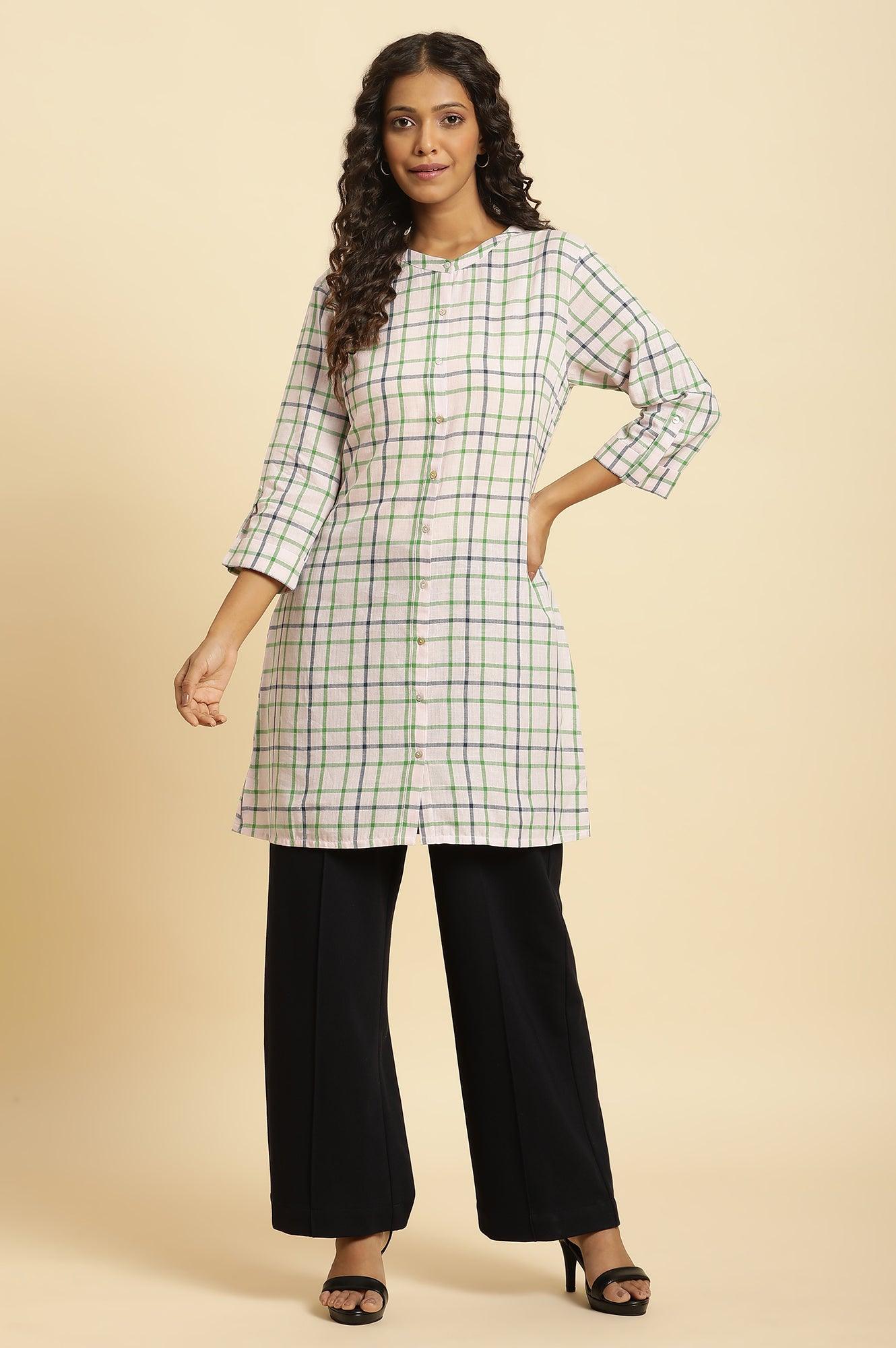 Ecru Check Printed Cotton Tunic - wforwoman