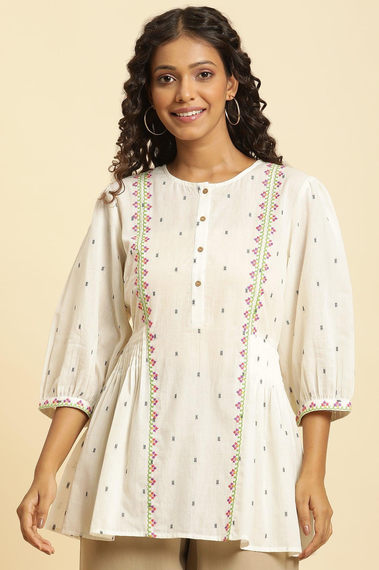 Ecru Yarn Dye Embroidered Top With Pleats - wforwoman