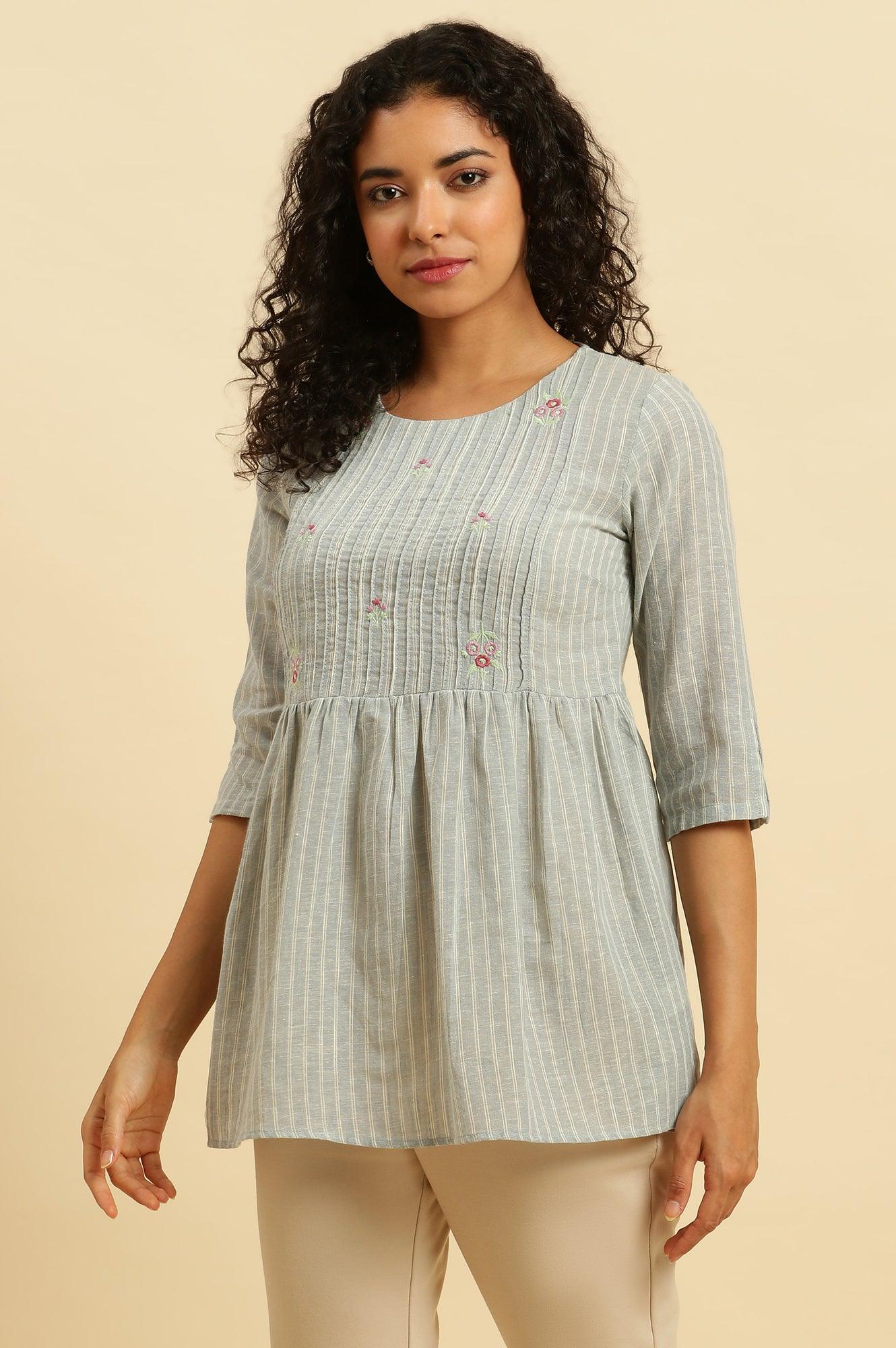 Grey Gathered Top With Pintucks & Embroidery - wforwoman