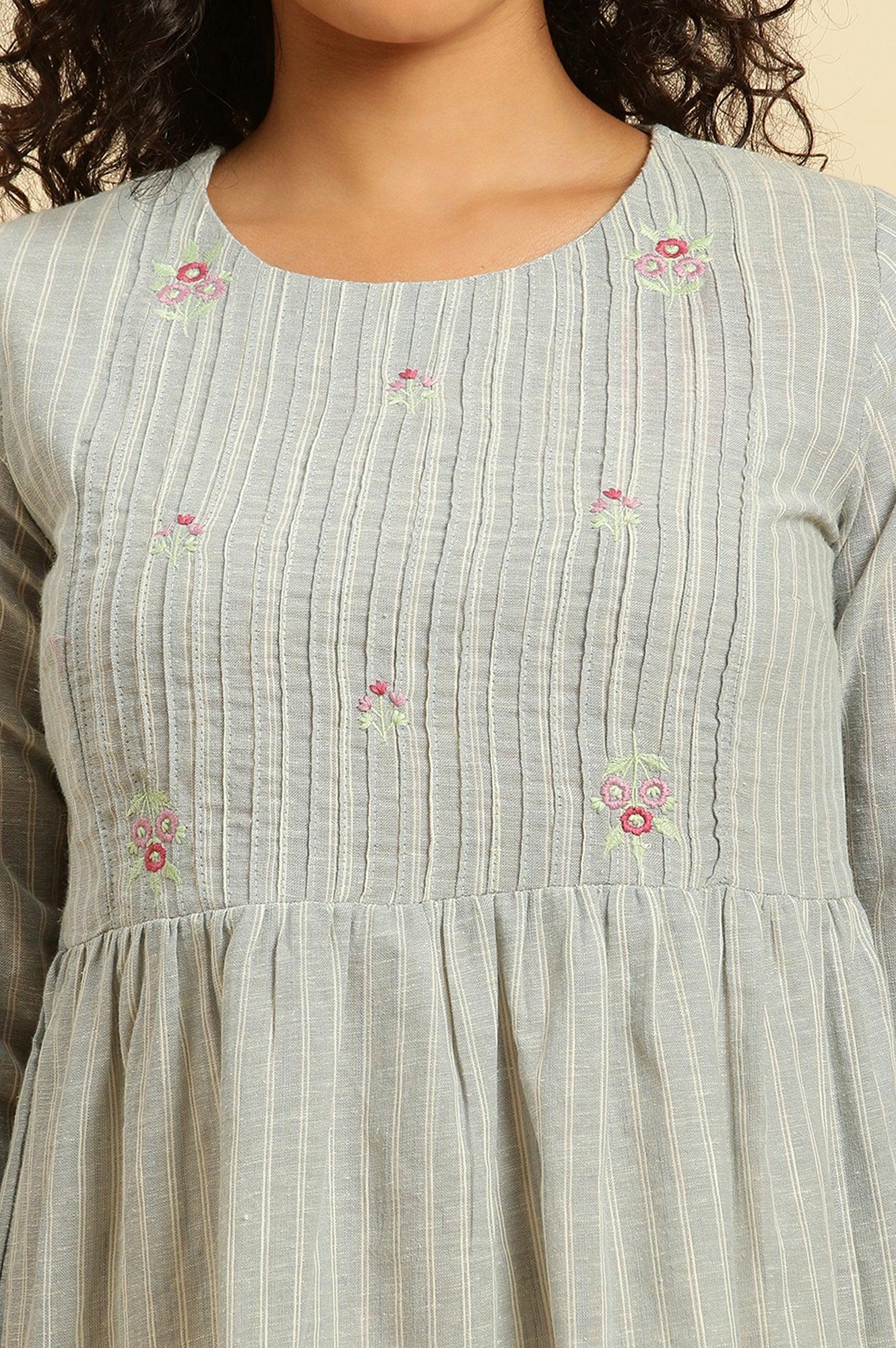 Grey Gathered Top With Pintucks & Embroidery - wforwoman