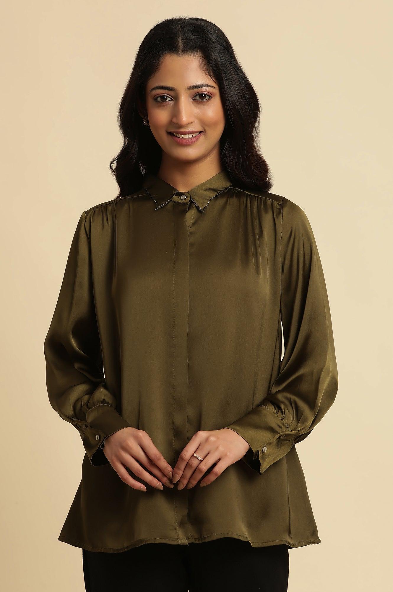 Buy Olive Green Modal Satin Embellished Shirt Online for Woman