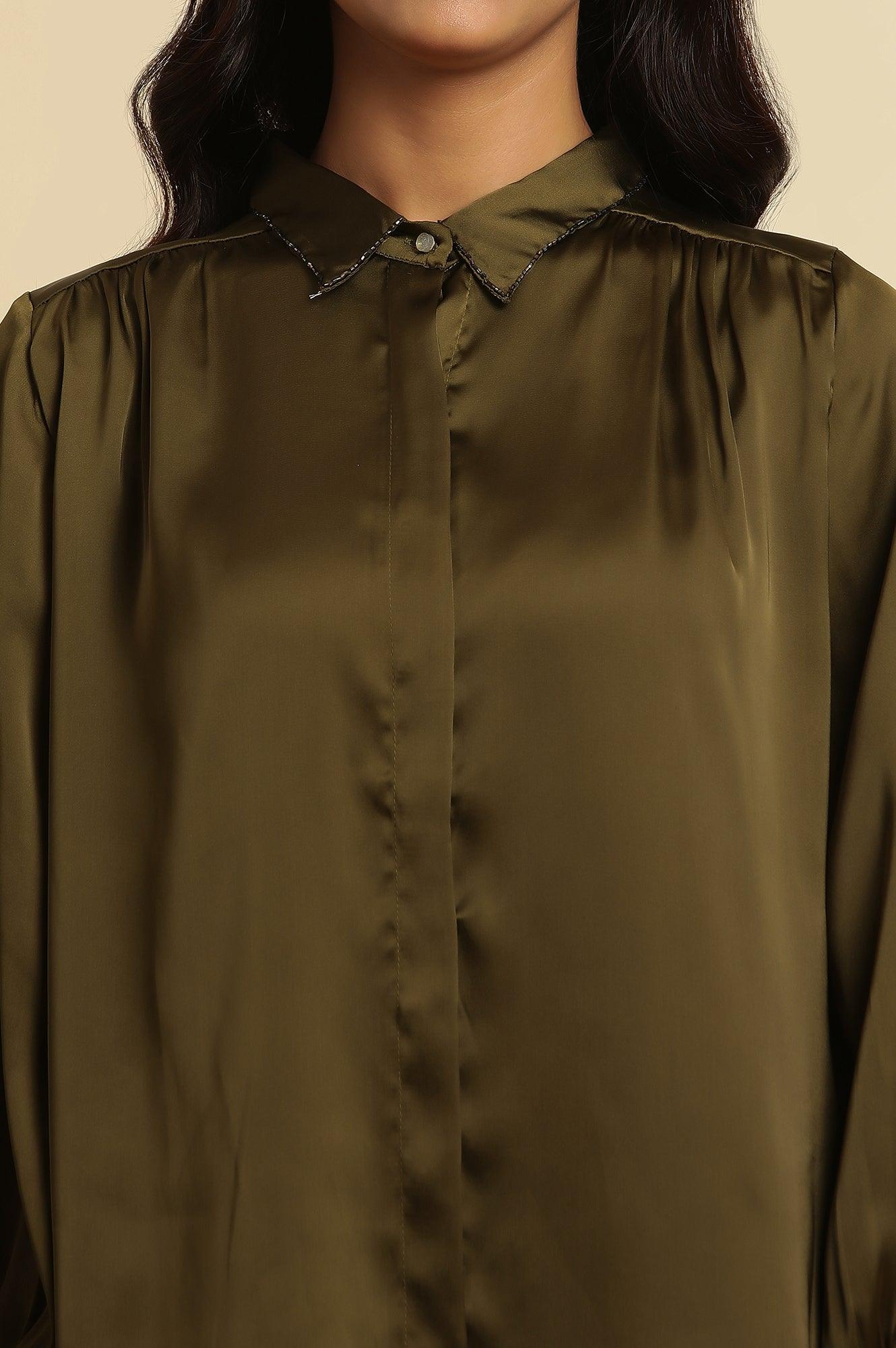 Olive Green Modal Satin Embellished Shirt - wforwoman