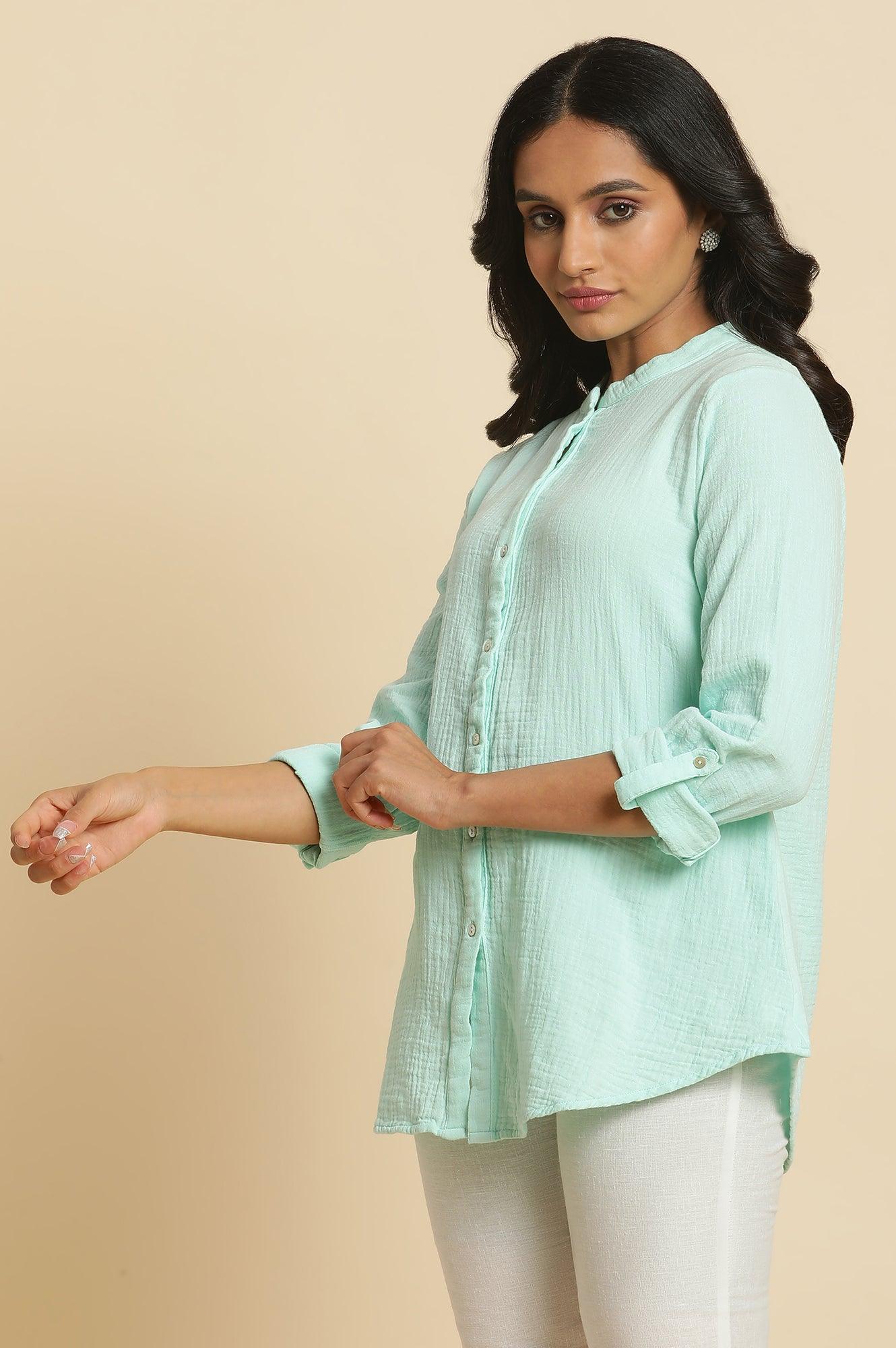 Blue Mandarin Collar Western Top - wforwoman