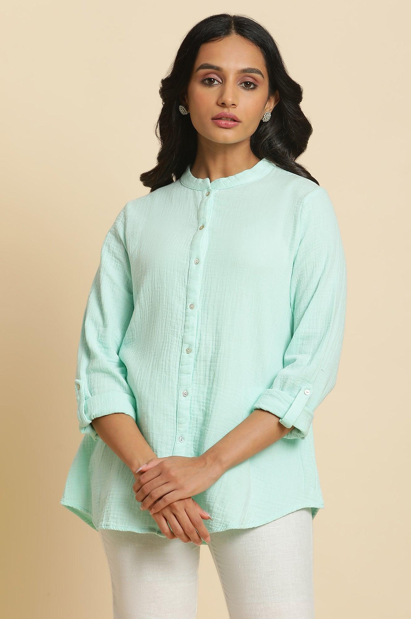 Blue Mandarin Collar Western Top - wforwoman