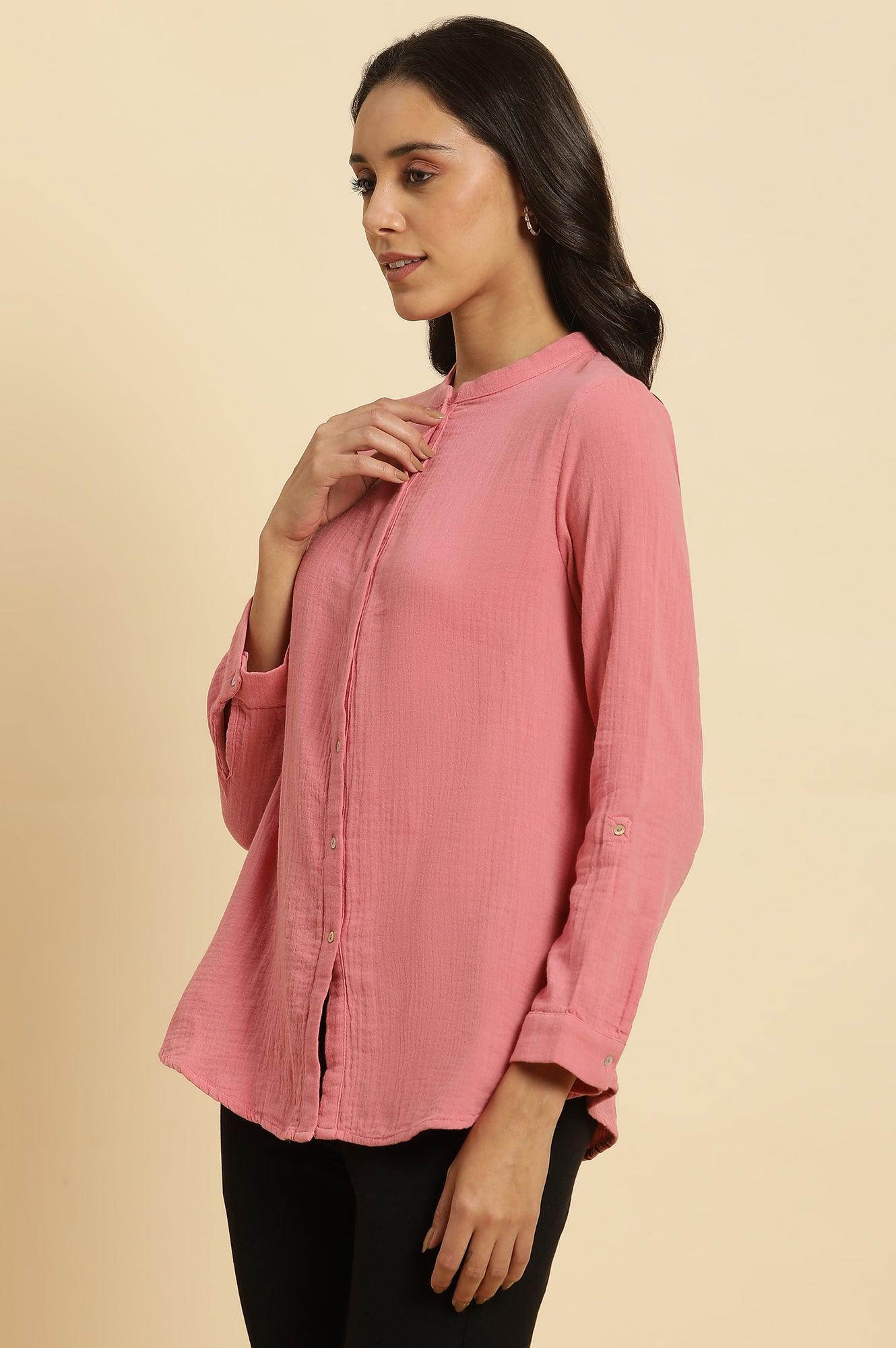 Pink Mandarin Collar Western Top - wforwoman