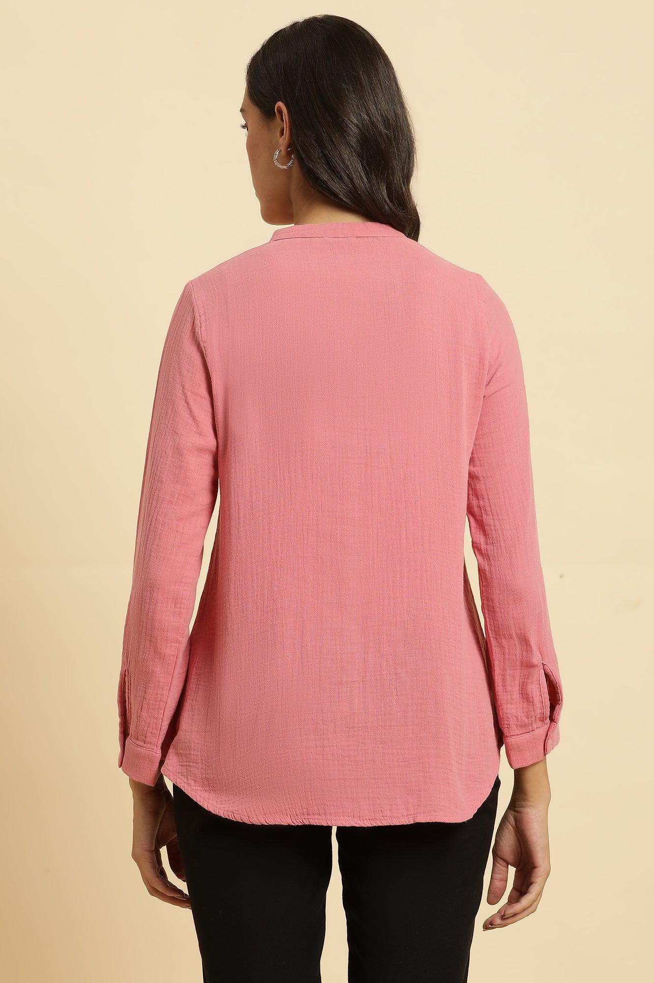 Pink Mandarin Collar Western Top - wforwoman