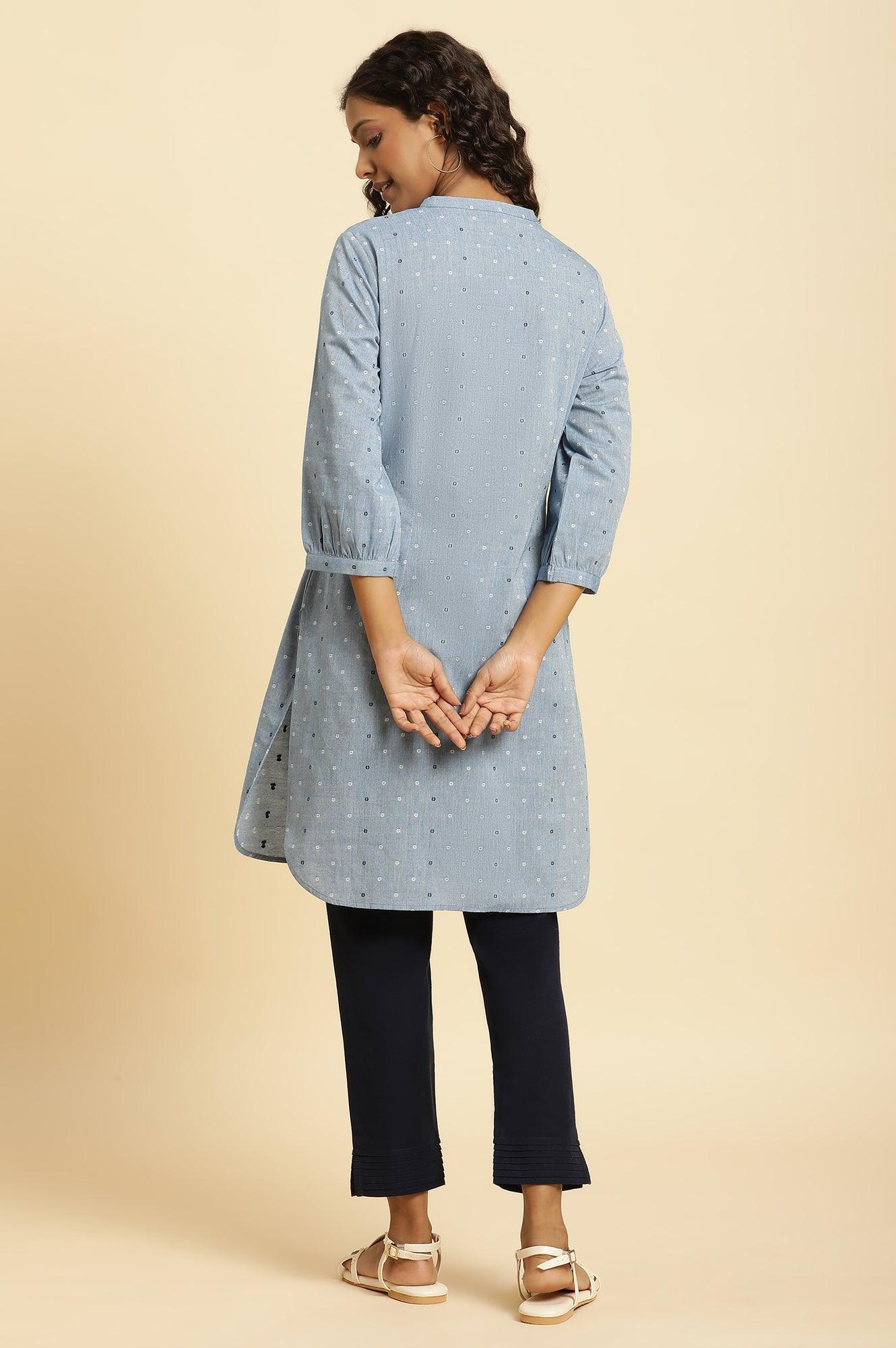 Blue Yarn Dyed Polka Dot Tunics - wforwoman
